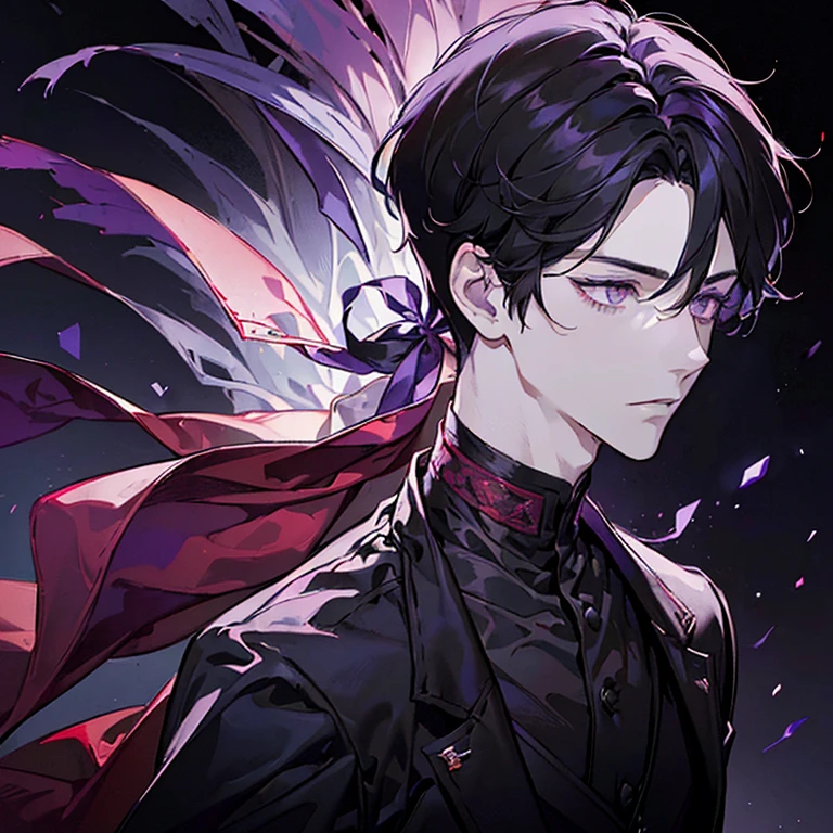 ((portrait)), ((1boy)), ((short black hair)), ((((4:6 sided part hair)))), ((purple eyes)), pale skin, ((masterpiece)), ((best quality)), ((red shirt)), ((black vest)), ((((manly)))), ((30 years old)), ((solo)), ((solid background)), simple background