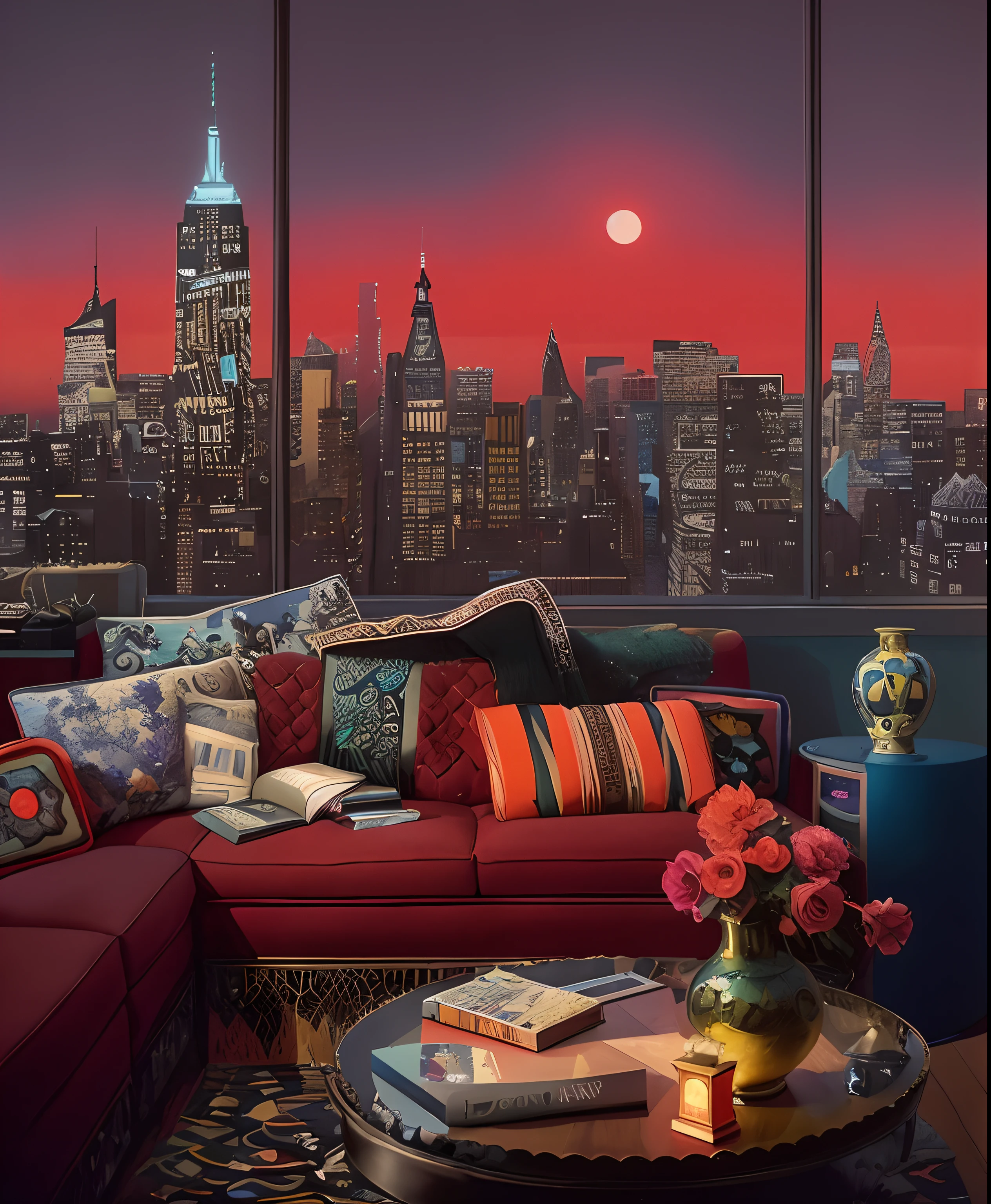 Ararfed view of a living room with a red sofa and a view of the city, starly sky, David Wiesner, Directed by: Robert Scott Lauder, perfect maximalistic composition, Paisagem urbana na janela, Directed by: Yvonne Jacquette, Directed by: John Moonan, inspirado em Evgeny Lushpin, new york backdrop, Directed by: David B. Fosco, inspirado em Diane Dillon, Directed by: Jason Benjamin