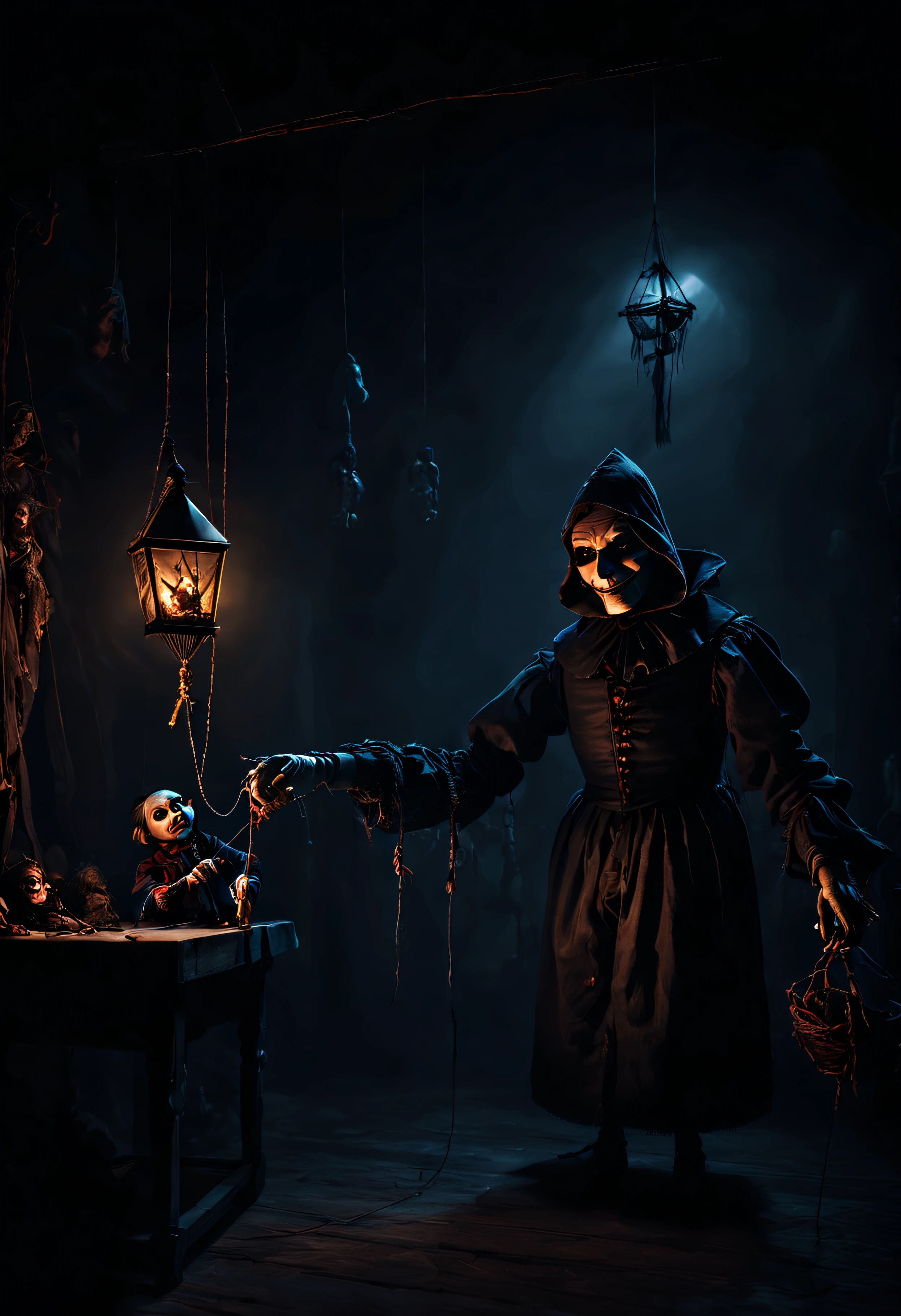 arafed image of a man in a dark room with a puppet, still from a fantasy movie, creepy marionette puppet, an ominous fantasy illustration, creepy and dramatic atmosphere, shadowy and eerie character, by Aleksander Gierymski, still from a live action movie, creepy masked marionette puppet, medieval alchemist in the dark, spooky and scary atmosphere