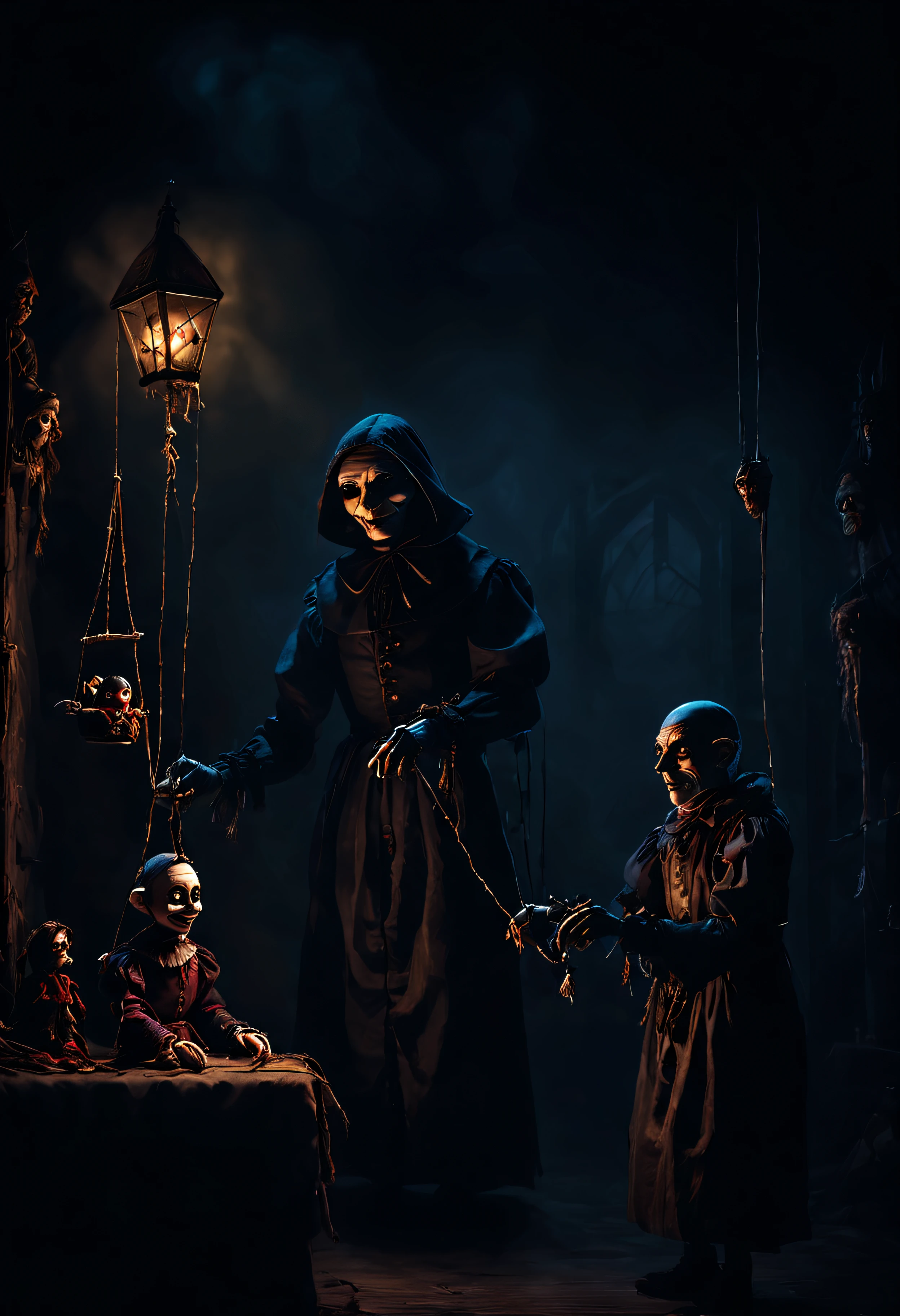 arafed image of a man in a dark room with a puppet, still from a fantasy movie, creepy marionette puppet, an ominous fantasy illustration, creepy and dramatic atmosphere, shadowy and eerie character, by Aleksander Gierymski, still from a live action movie, creepy masked marionette puppet, medieval alchemist in the dark, spooky and scary atmosphere