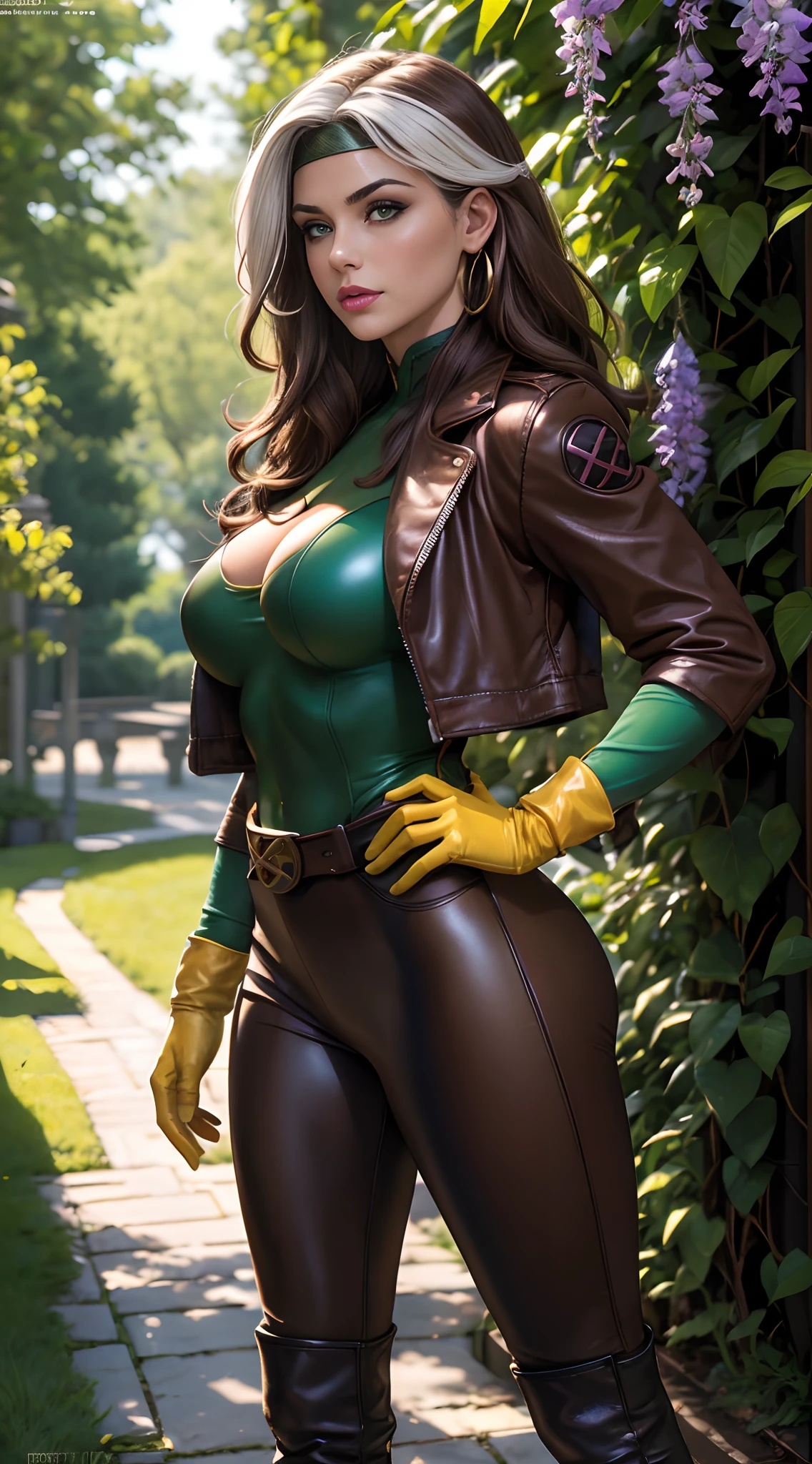 (masterpiece:1.0), (best_quality:1.2), Classic Rogue, 1991 Rogue X-Men, 1girl, Only, full body view, facing the viewer, hand on hips, legs parted, confident stance, proud stance, medium length hair, brown hair, wavy hair, one lock of white hair, green headband, green eyes, mischievous look, parted lips, fit figure, large breasts, lipstick, makeup, brown leather jacket, gloves, x belt, gold earrings, skin-tight brown leather pants, open jacket, ankle boots, Looking down at the Viewer, sunlight, sunrays, light source from the side, (realism: 1.5), (Realistic: 1.4), (Absurdity:1.4), 8k, ultra-detailed, Detailed Beautiful Woman, (only:1.4), 1girl, background of garden, stone walls and pathways, wisteria trees, outside of mansion, official art, extremely detailed CG unity 8k wallpaper, perfect lighting, Colorful, ultra high res, photography, 8K, HDR, Kodak portra 400, film grain, blurry background, (bokeh:1.2), (vibrant_color:1.2), professional photograph