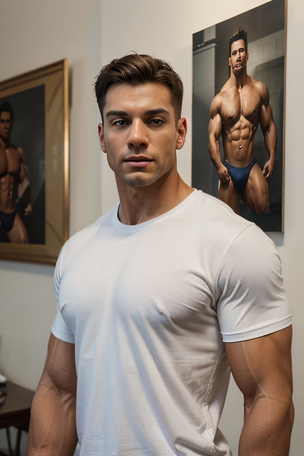 A bodybuilder wearing a white t-shirt, looking forward, in a portrait-style oil painting. The bodybuilder is depicted with highly detailed muscles, showcasing the artist's mastery of depicting the human form. The image is of the best quality, with high resolution and vivid colors that bring the artwork to life. The lighting is soft and creates a warm, inviting atmosphere.
