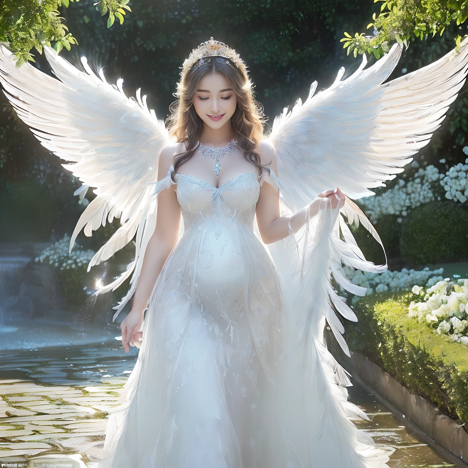 (((masutepiece、top-quality、Highly complex and detailed depictions)))、((Very beautiful angel queen、Maternal smile,mothers,Smile、Perfect gas chamber、Perfect 2 Wing、white roses、A large amount of white roses、Beautiful white roses、Light blue sparkling water、The most beautiful gardens in the world、The most complex and fantastic gardens in the world、Light blue sparkling water、Water glowing in light blue、Beautiful smile,、A detailed face、Perfectly depict the face、Walk along the cobblestones、Walking in the garden、Hair swaying in the wind、Take photos up close、Pregnancy、A dress that tightens the waist、Take a photo above the thigh、Final Form as Perfect Angel, ,Huge and realistic angel wings,The most dignified feathers,The most detailed and intricate angel wings、King of Angels,The most dignified angel,Shimmering white feathers、Plumage gives off a transparent shine、Graceful and classy pose、Filled with Divine Light、The brilliance of a fairy tale、Fairytale Garden、Garden with white flowers、Walking in the garden、Flowers, Fountains and cobblestone gardens、Blue Fountain、Emerald Blue Fountain、Sparkling Spring Water、Walking in the garden、Beautiful cobblestones、white blossoms,、Beautiful temple gardens、There is a spring surrounded by cobblestones、Beautiful and sparkling fountain、Sacred Well、crystal-clear water、It is full of white flowers、white blossoms、Her feathers shine like a fairy tale、Glowing feathers、Beautiful temple gardens、Fairytale Garden、Walking in the garden、Angels bathed in the sacred soft light、spectacular movie lighting、The most classy white dresses、Very noble、refinement、top grade、The brilliance of a fairy tale、Wings shining in a fairy tale、The most massive pure white princess dress, The finest necklaces,artistic décor,Intricate and solemn dress of an angelic masterpiece,White decorative dress,Huge Princess Dresses,The most majestic figure of the angel,The most intricately depicted angelic figures,Feathers that shine like a fairy tale、The plumage gives off a snow-white shine、The plumage gives off a translucent fairytale glow、Unimaginable beauty,The most intricate and beautiful dresses,Accurate reproduction of the perfect angelic detail,The figure of an unimaginably beautiful angel)),((Most beautiful face,Half Japan and half Spanish,Maternal tenderness、Maternal smile,Beautiful wavy hair,The most luxurious and intricate dresses,stares at the camera、Giant wings of angels,masutepiece,8K,very intricate,ultra-detailliert))