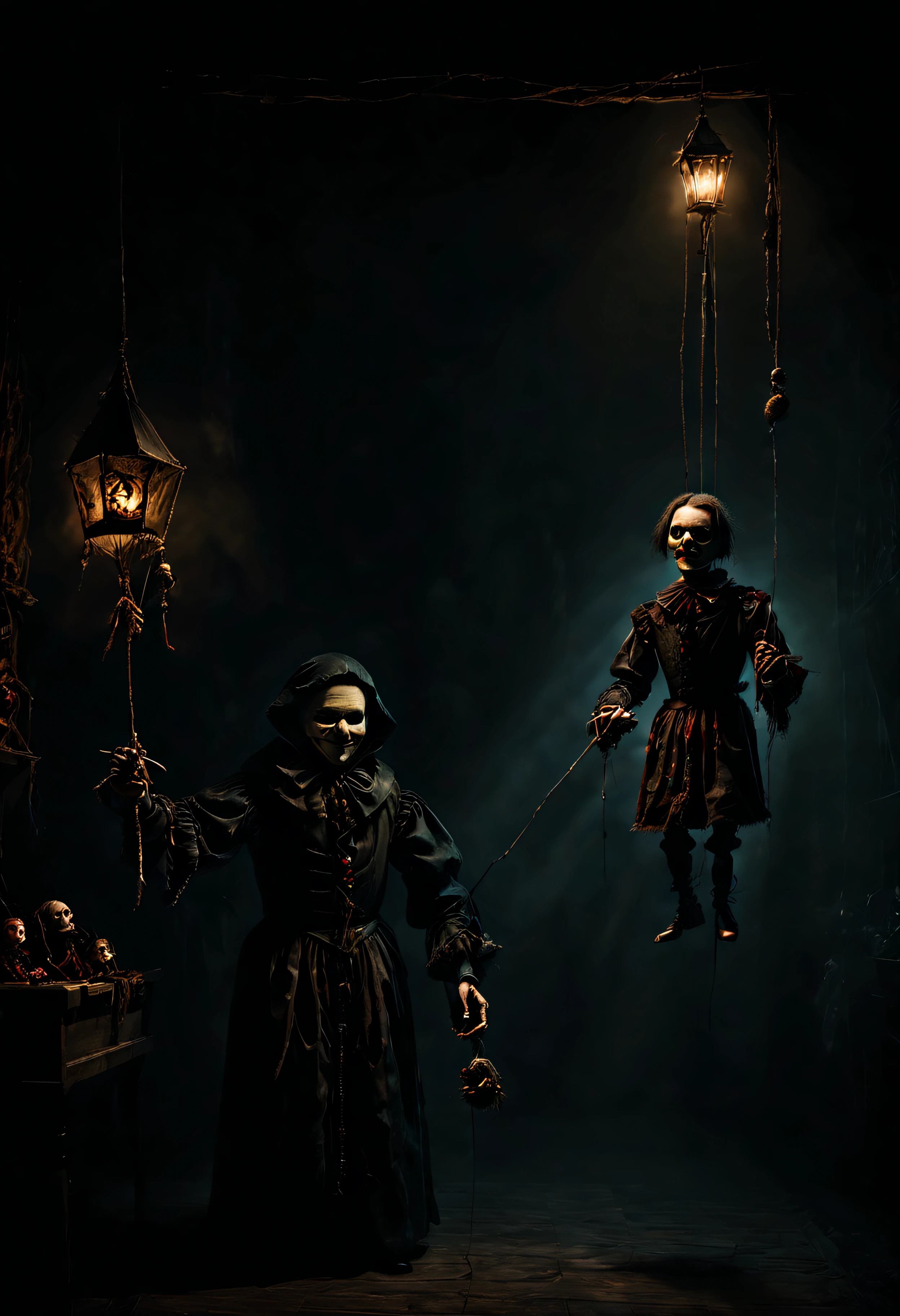 arafed image of a man in a dark room with a puppet, still from a fantasy movie, creepy marionette puppet, an ominous fantasy illustration, creepy and dramatic atmosphere, shadowy and eerie character, by Aleksander Gierymski, still from a live action movie, creepy masked marionette puppet, medieval alchemist in the dark, spooky and scary atmosphere