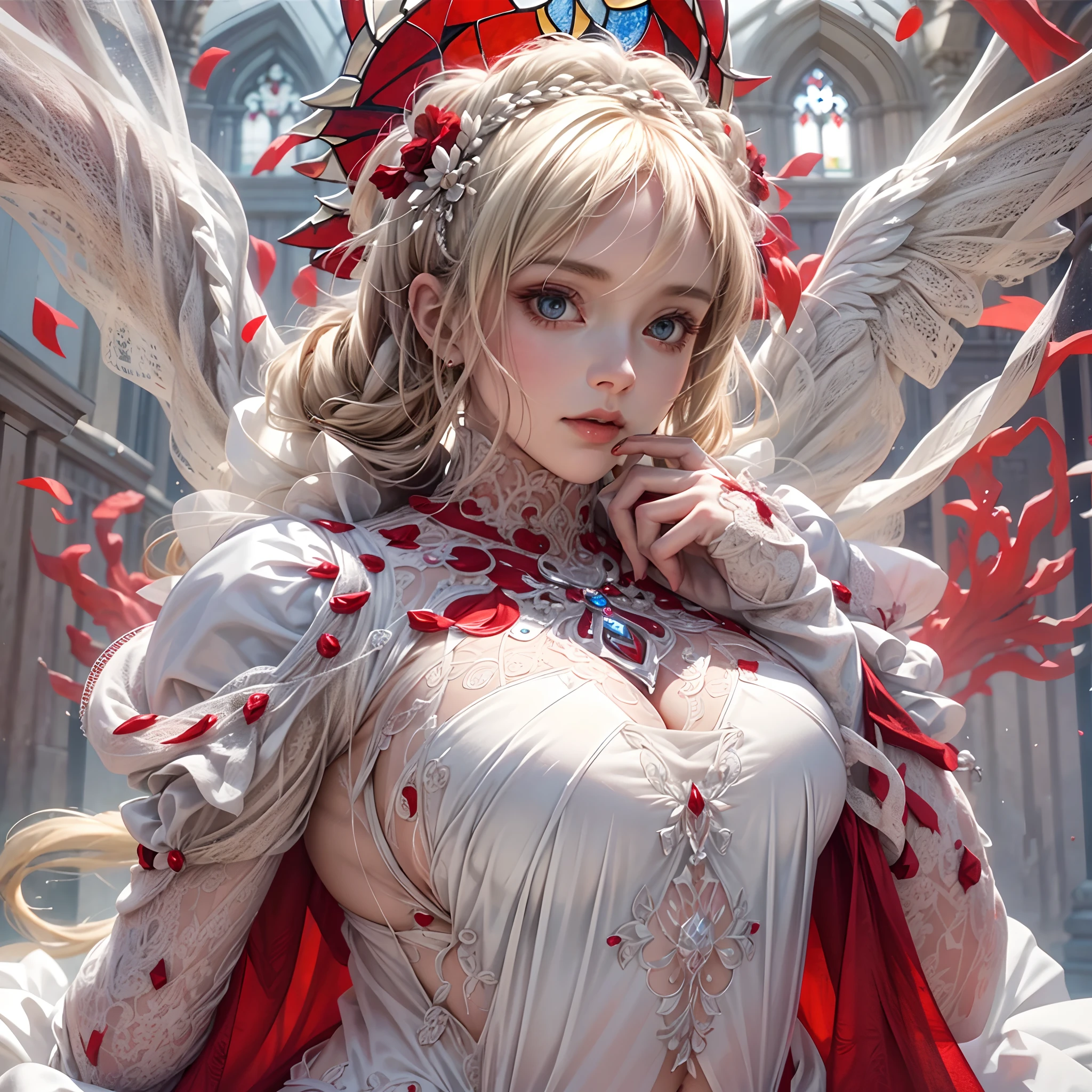 { wide-angle | FullBody:1.2 | Dynamic-angle | Ass focus }, (Full Body proportions and all limbs are expressed in anatomical precision),(((masutepiece:1.25))), 8K highres, { Physically-based rendering | White and Vivid colors | Zoom Layer }, { (((Photorealistic:1.37)))| (F/4.0, canon) }, (Detailed glistening skin), Detailed face and eyes, { ((Beautiful bride goddess))|(Brilliant Red shiny Ruby accessories)| Delicate white lace knitted (see-through:1.25) wedding dresses | Flowers | Floating hair| Random hair color | Blonde hair }, { (Mystical sight) | God rays |((colorful Light shines through stained glass:1.2)) }, { Gigantic Cleavage:1.37 | Overflowing | Biomechanical HUGE and HEAVY boob | Underboob |(Navel)| Bleeding from pussy | Dripping blood from crotch | (Blood stained crotch) | Menses | Ass focus }, { (Praying) | bloody hand | (Delicate and feminine hands expressed in anatomical precision) | White elbow_gloves | no Dutch angle },