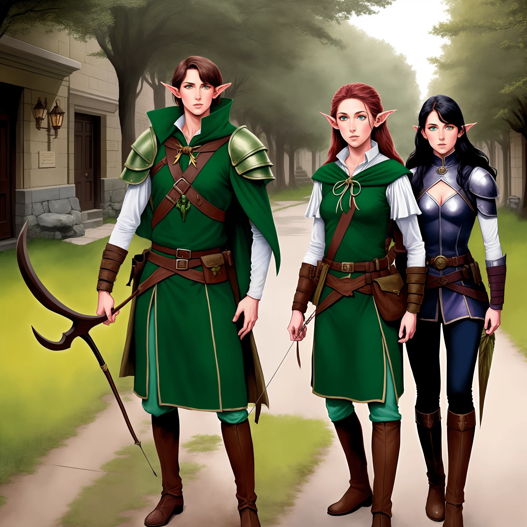 1970’s dark fantasy book cover paper art dungeons and dragons style. in a town square. a female human ranger and a green female wood elf Druid with bow