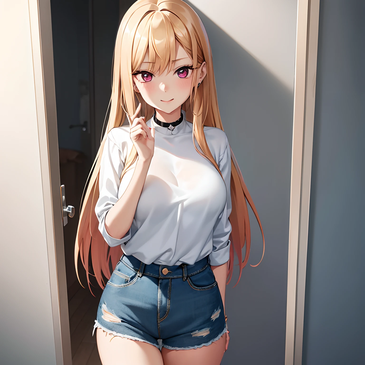 best quality,Ultra-detailliert,high resolution,extrem detaillierter CG,Anime-Bild,Unity 8K Hintergrundbild, blondes Haar,blaue Augen,Lange Haare,Zerrissene Shorts,white shirt,Geldbeutel,Nabel,Blick auf den Betrachter,Haarschmuck,smil,POV Door,Offener Mund,Denim,x Haarschmuck,Cyberpunk