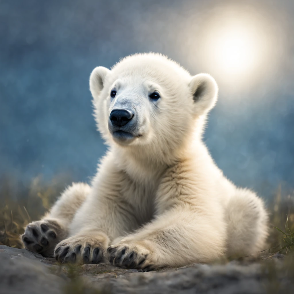 Extremely adorable Polar bear cub, with SOFT, DELICATE luminesence ray of light from above,  indigo sky, HDRI