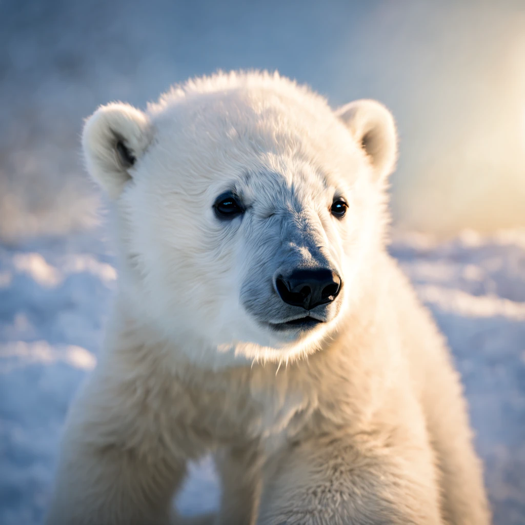 Extremely adorable Polar bear cub, with SOFT, DELICATE luminesence ray of light from above, indigo sky, HDRI