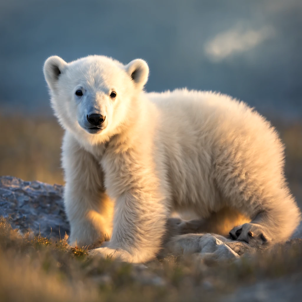 Extremely adorable Polar bear cub, with SOFT, DELICATE luminesence ray of light from above, indigo sky, HDRI
