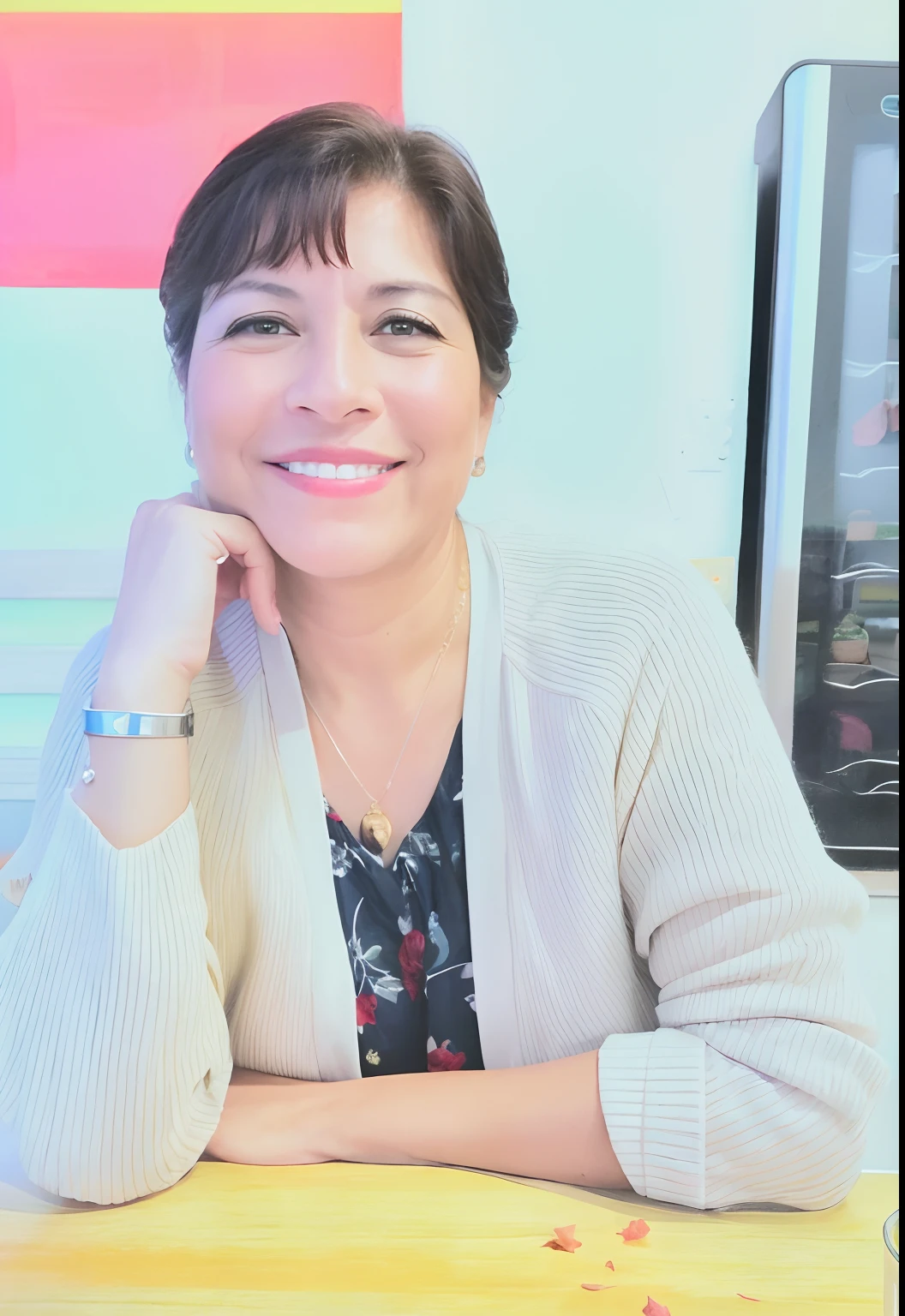 Mujer sonriente sentada en una mesa con una copa de vino, alanis guillen, Magda Torres Gurza, Magalie Villeneuve, lorena avarez, Sandra Chevier, véronique meignaud, photography portrait, Imagen de perfil, taken in the early 2020s, Postura del hombro en la parte delantera, por Kathleen Scott