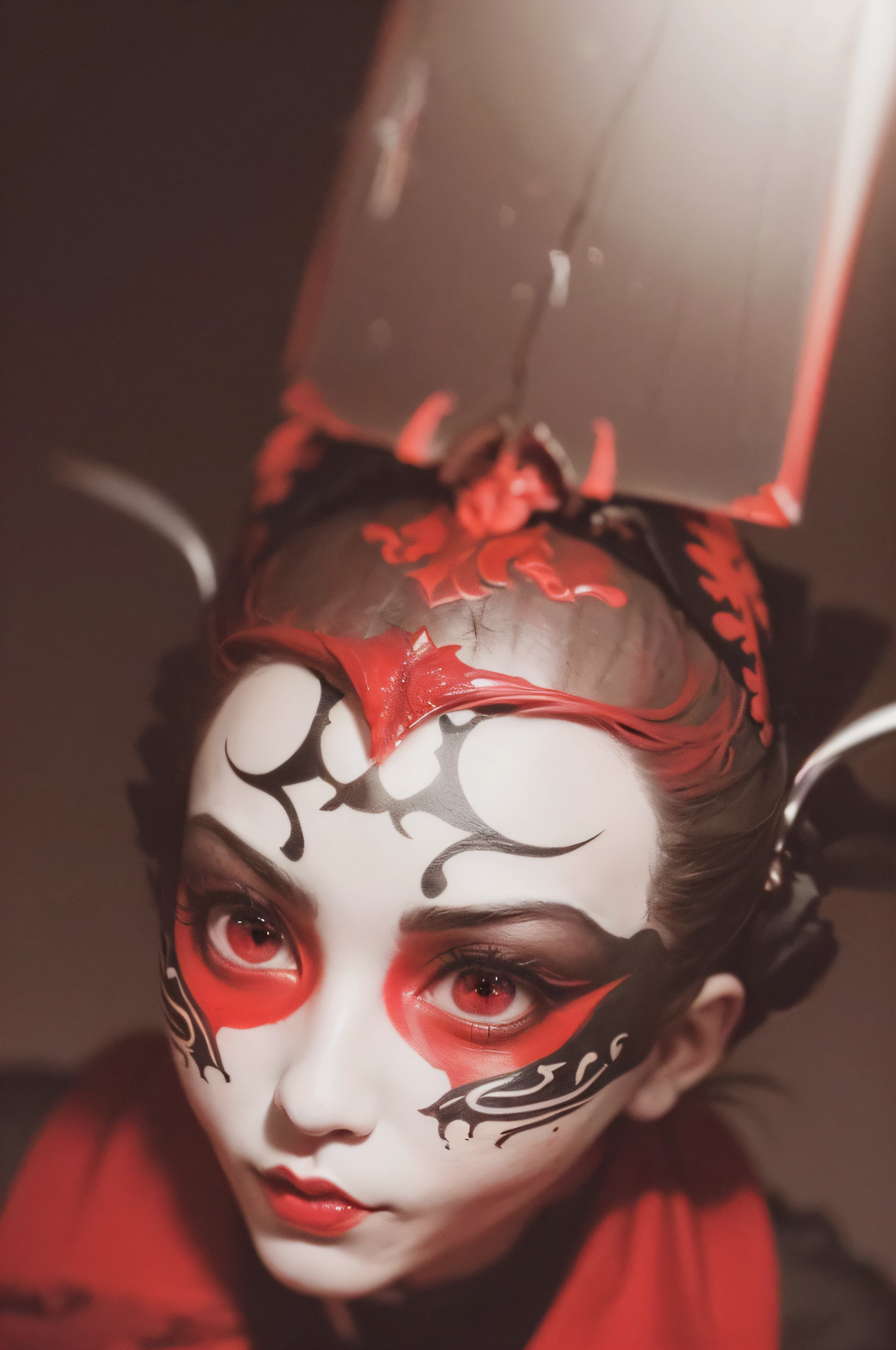 "(The best lighting, oscuro, dramatic),(feto calavera geisha escupiendo tinta roja, Cicatrices, y, cerebro, sangre, una rata dentro de la cabeza, terror.),(ojos rojos, calaveras). volumetric light.