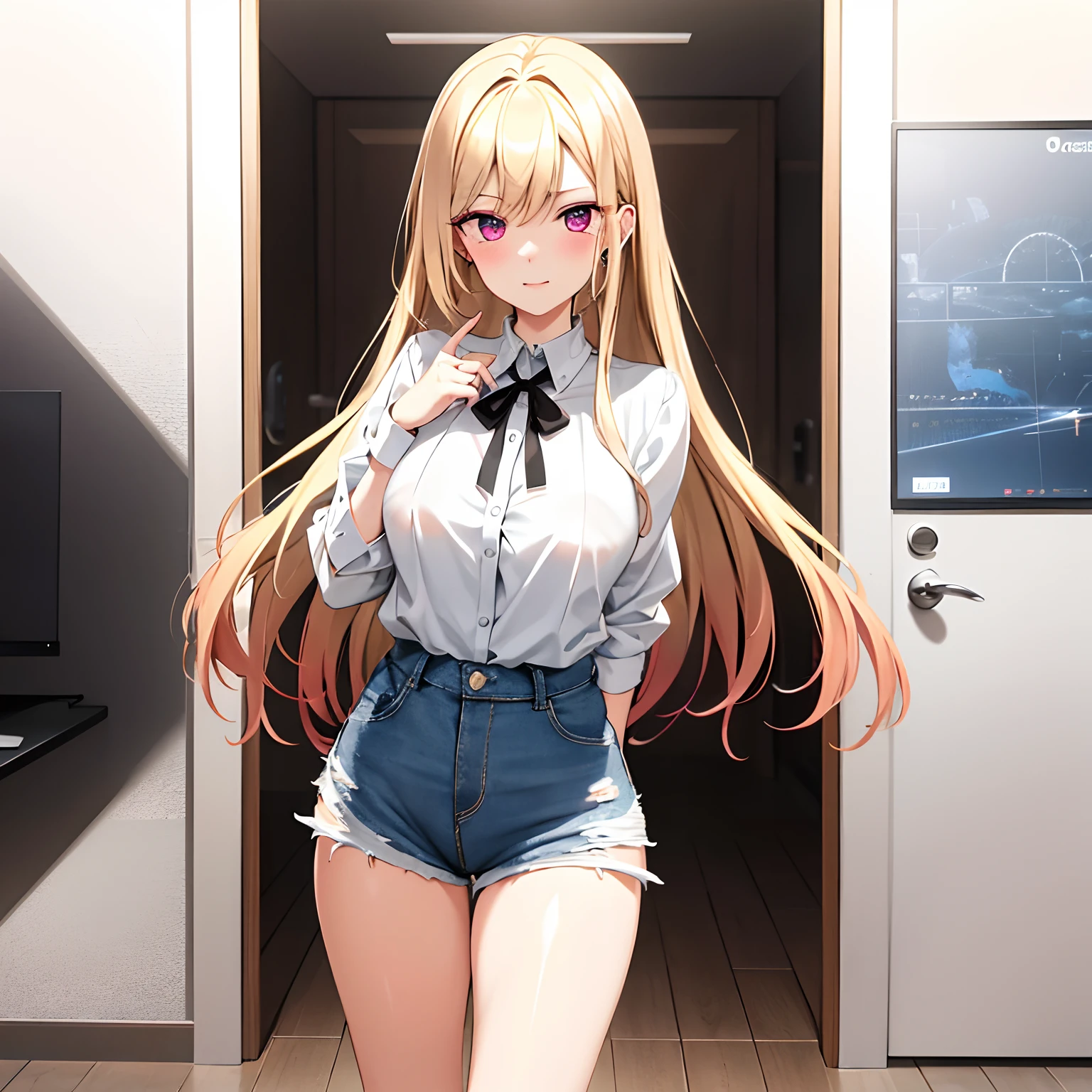 best quality,Ultra-detailliert,high resolution,extrem detaillierter CG,Anime-Bild,Unity 8K Hintergrundbild, blondes Haar,blaue Augen,Lange Haare,Zerrissene Shorts,white shirt,Geldbeutel,Nabel,Blick auf den Betrachter,Haarschmuck,smil,POV Door,Offener Mund,Denim,x Haarschmuck,Cyberpunk