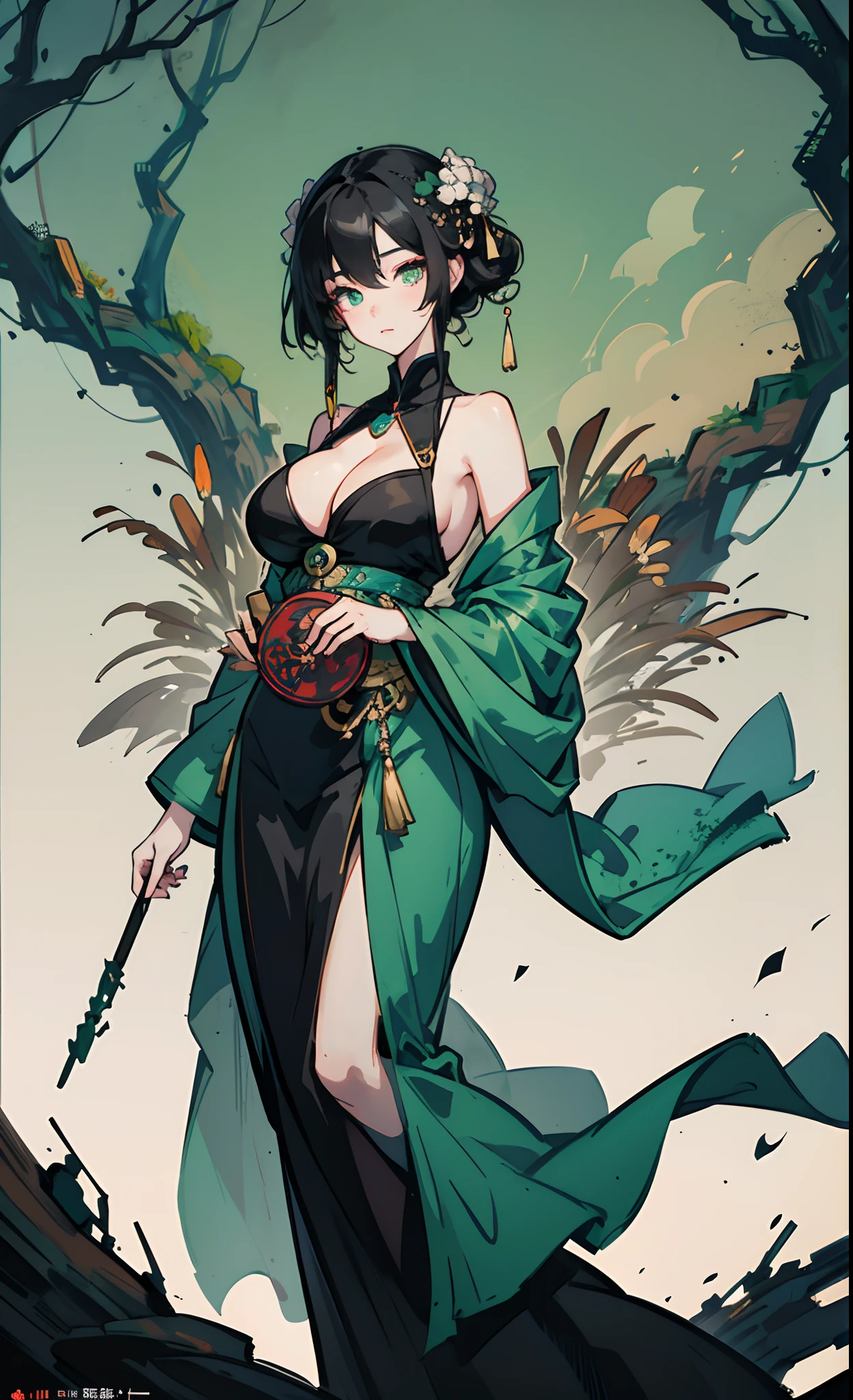 Black haired girl with emerald eyes, holding a round antique fan, big breasts, wearing ancient clothes, Art work in the style of guweiz
