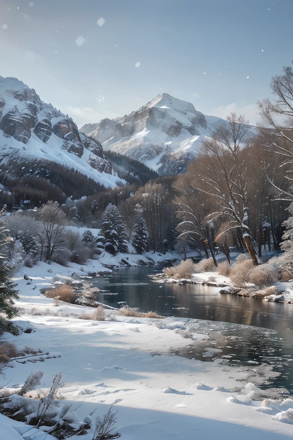 (beautiful, detailed landscape, blizzard weather, snowy mountains, frozen lake, pine trees, snow-covered houses, icy river, swirling snowflakes, winter wonderland, serene atmosphere, cold breeze, soft sunlight, peaceful silence, muted colors, magical scenery)