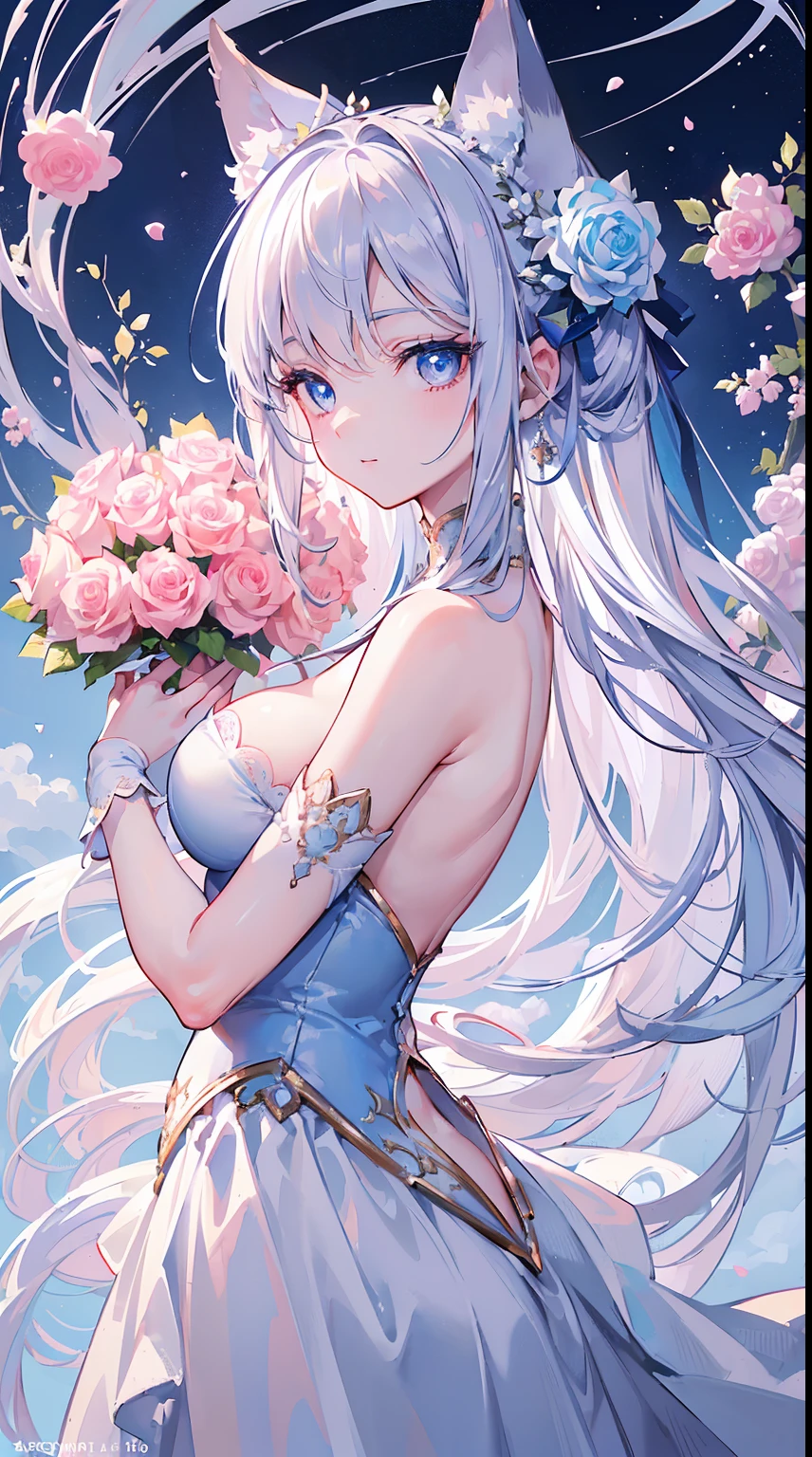 ((masterpiece:1.2)), ((highest quality)), ((super fine illustration)), ((ultra-fine painting)), Highly detailed and delicate illustration style, detailed skin texture, detailed cloth texture, detailed rose texture, detailed wood texture, extreme detailed description, (T-masterpiece), highly detailed face, RAW photo, professional, Intricate details, super details, intricate ornament details, perfect anatomy, real, (Solo), (A silver fox girl with blue eyes dressed as a beautiful and cute princess), ((beautiful silver fox ears)), (beautiful silver fox tail), Beautifully shaped small breasts, Beautifully shaped buttocks, blue hair ribbon, (beautiful and shiny short silver hair), (Beautiful clear blue eyes), (detailed beautiful eyes:1.6), (Highly detailed and delicate luxurious but understated princess dress to wear at a festive occasion:1.2), (Blue ribbon), (Holding in both hands a large bouquet of highly detailed and delicate white and pink roses:1.2), (Smile), Standing, Celebration, Daytime sun, (Highly detailed and delicate white and pink rose garden:1.2), (8K highest quality wallpaper), (Highly detailed and delicate royal palace courtyard background in early afternoon in spring), beautiful hands and fingertips, not sexy, not NSFW