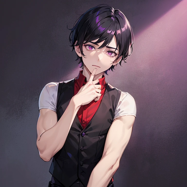 ((portrait)), ((1boy)), ((short black hair)), ((((4:6 sided part hair)))), ((purple eyes)), pale skin, ((masterpiece)), ((best quality)), ((red shirt)), ((black vest)), ((((manly)))), ((20 years old)), ((solo)), ((solid background)), simple background