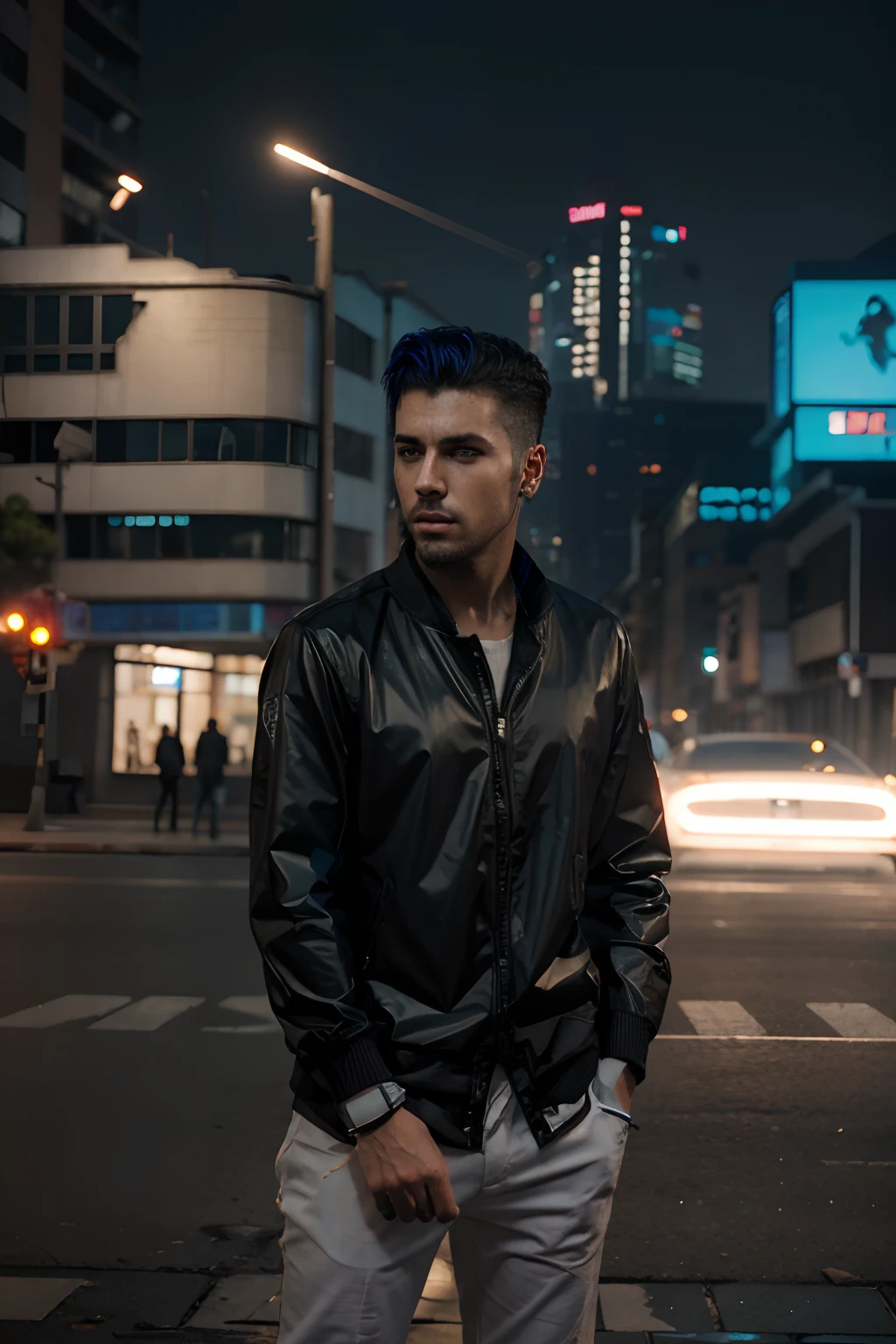 Neon noir badbunny a man working in a store, <lora:badbunny:0.5> . Cyberpunk, dark, rainy streets, neon signs, high contrast, low light, vibrant, highly detailed