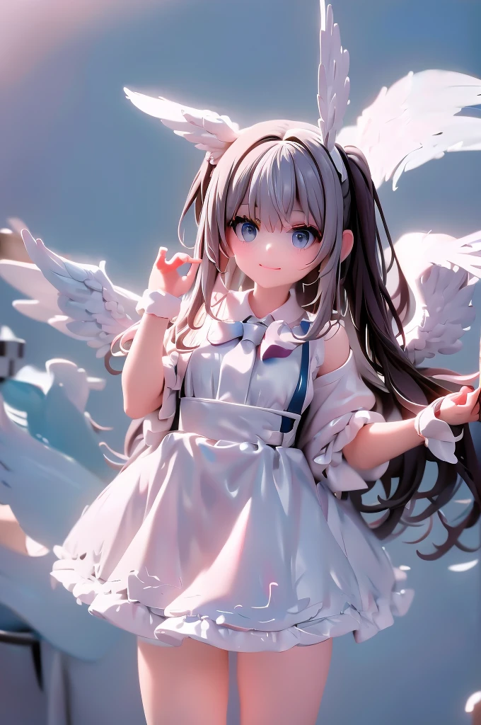 masterpiece, best quality, full body, feathered wings, feathers, flying, sky, sunlight, cloud, reaching out, mini top hat, mini hat, white headwear, braid, ascot, clothing cutout, shoulder cutout, short sleeves, white gloves, cropped jacket, white jacket, belt, navel, midriff, short shorts, white skirt, white footwear, sfw
