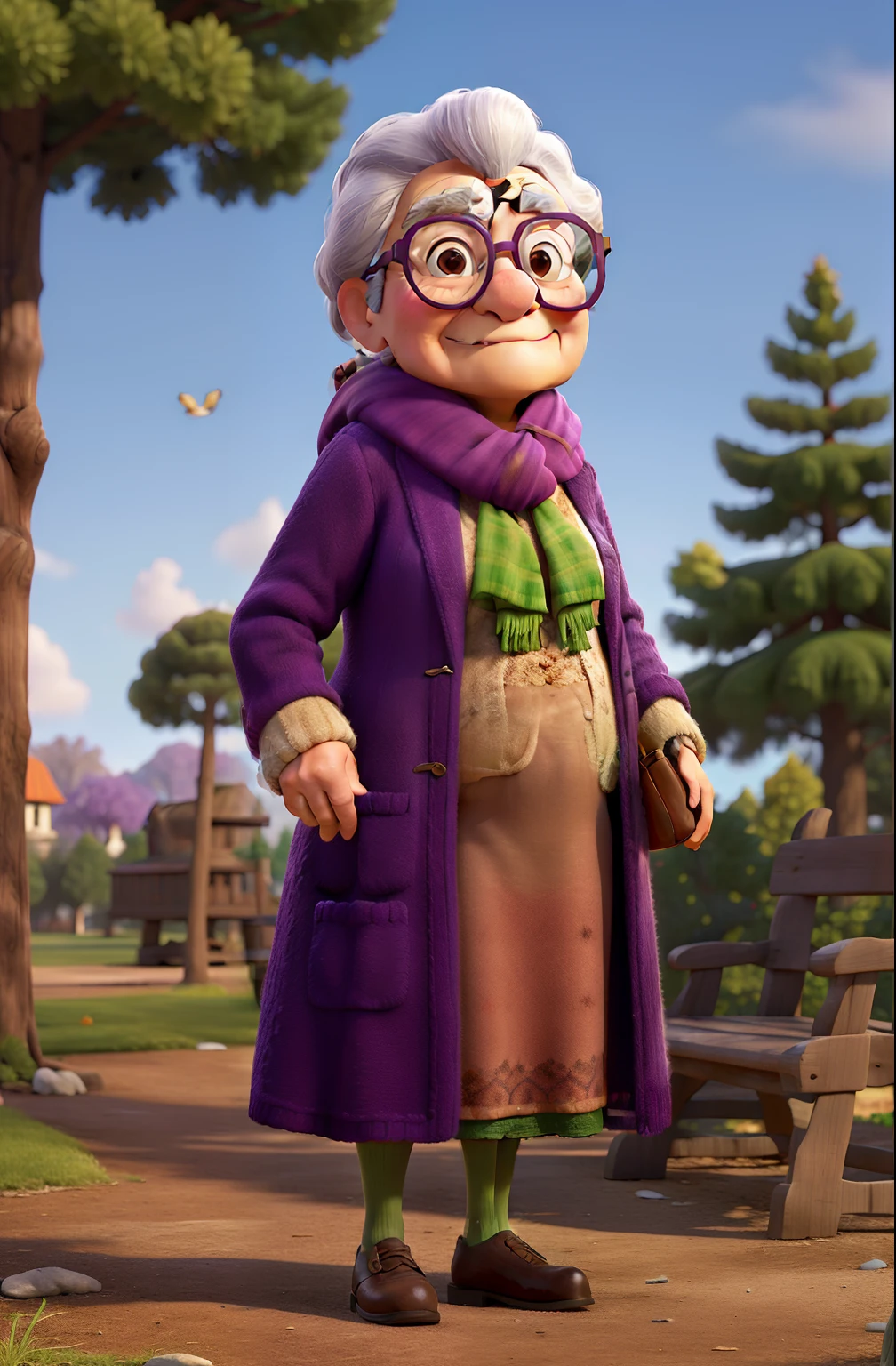masterpiece, best quality, an old woman with glasses and a scarf on, wearing a purple coat and green scarf, standing at the park