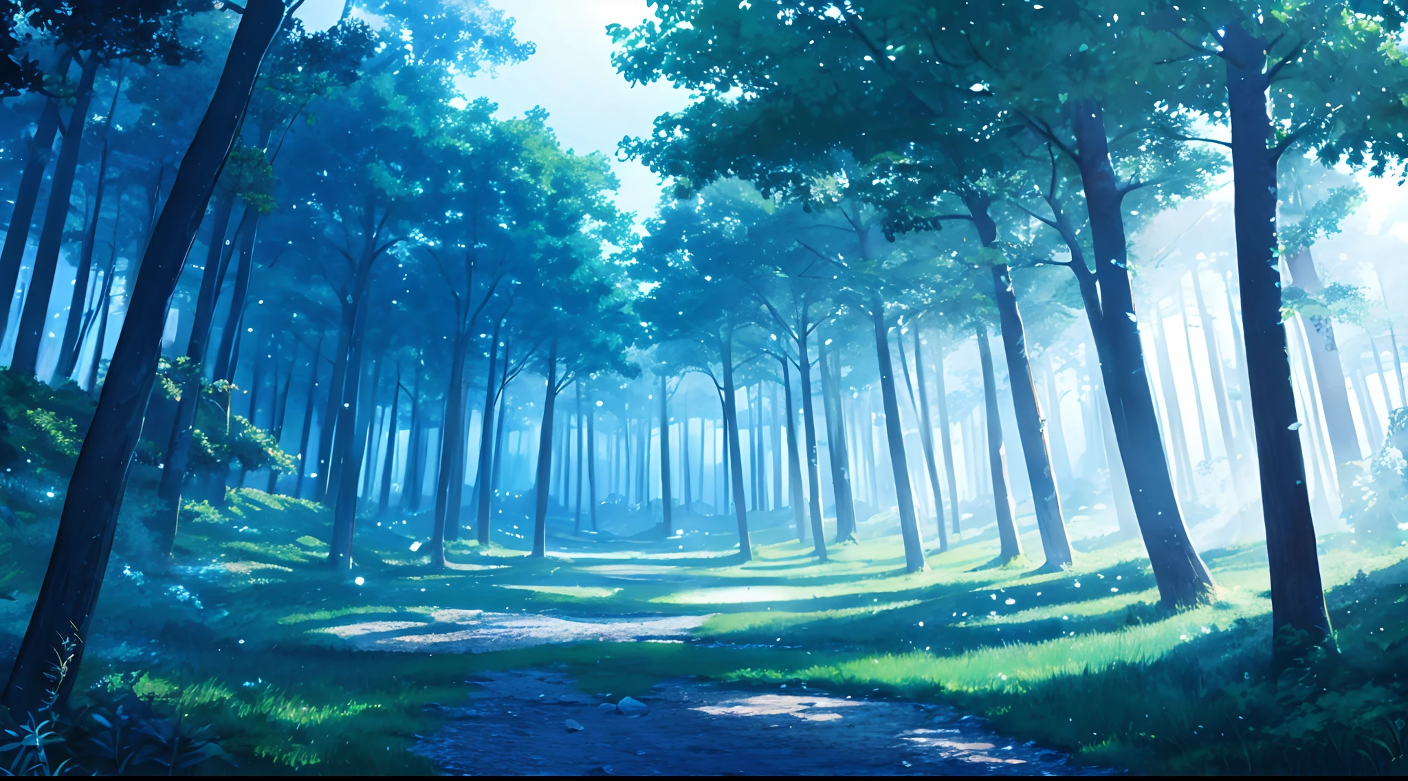 Background (anime style) magical forest, main color: light blue