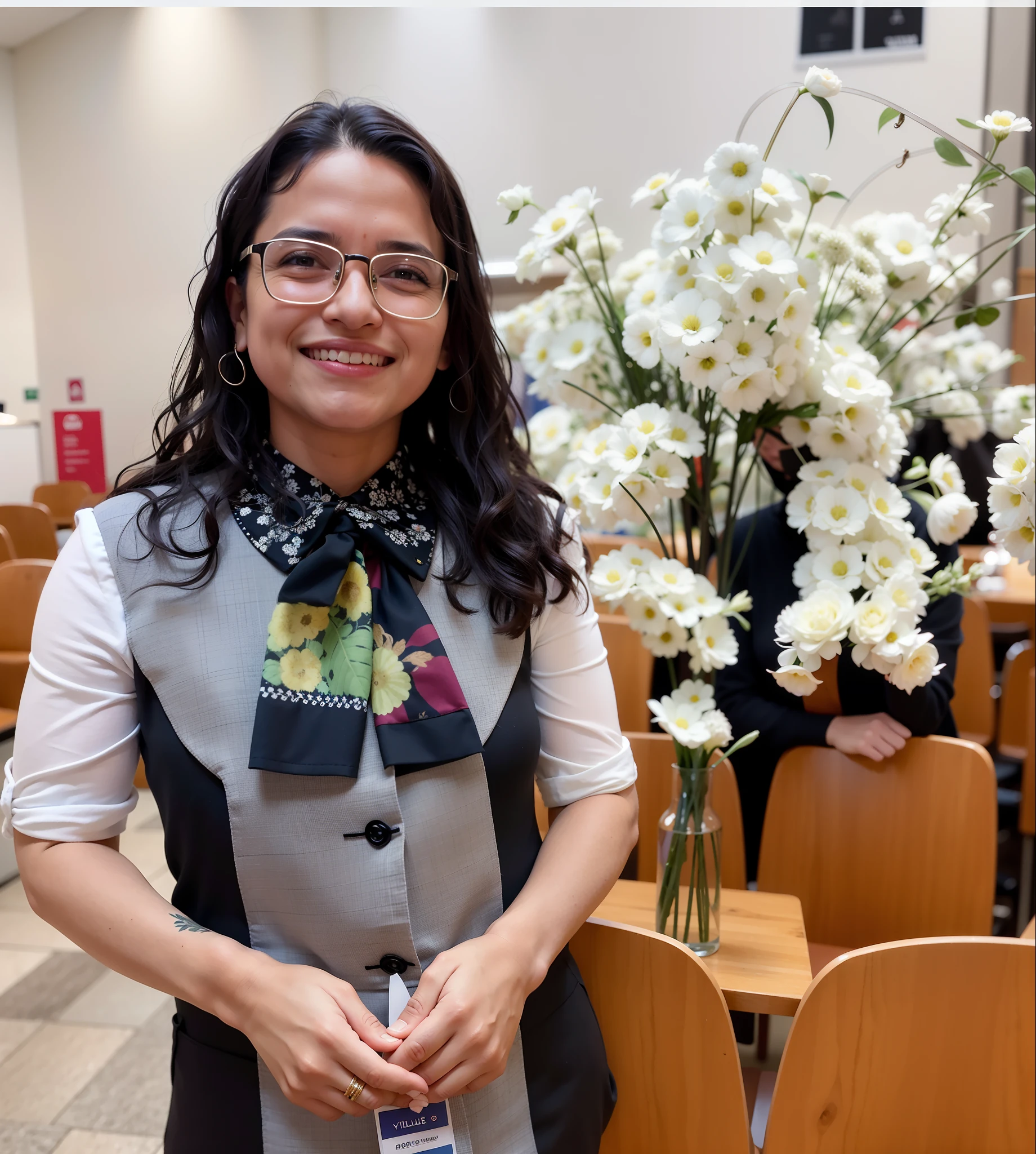 There's a woman standing in a room with chairs and a vase of flowers, Directed by: Nandor Soldier, Sandra, Fotografia tirada em 2 0 2 0, fernanda suarez, imagem de perfil, by Almeida Júnior, Alanis Guillen, imagem profissional, foto do perfil, imagem do avatar, Directed by: Emerson Silva, na igreja, In Sao Paulo