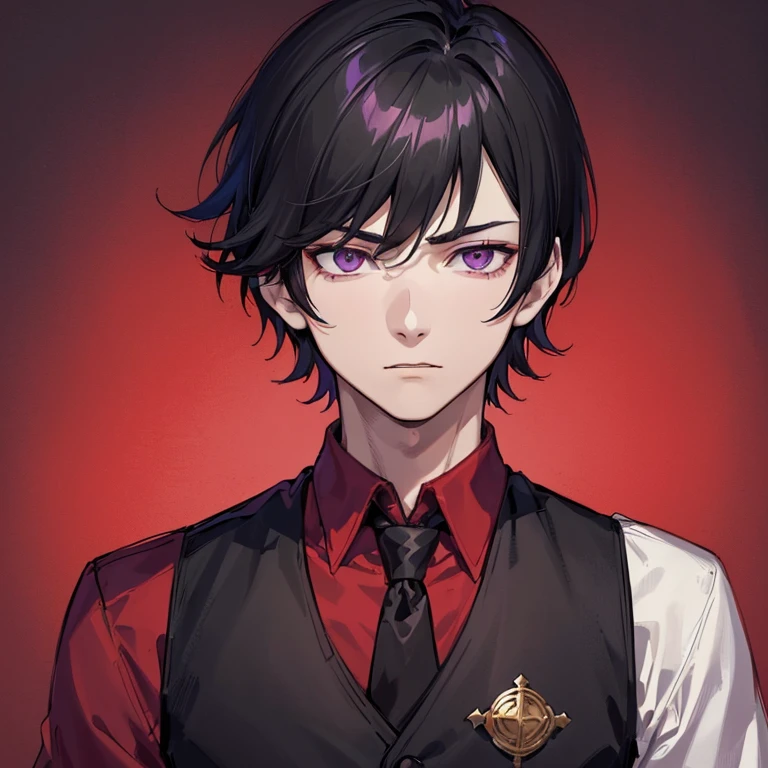 ((portrait)), ((1boy)), ((short black hair)), ((((4:6 sided part hair)))), ((purple eyes)), pale skin, ((masterpiece)), ((best quality)), ((red shirt)), ((black vest)), ((((manly)))), ((20 years old)), ((solo)), ((solid background)), simple background