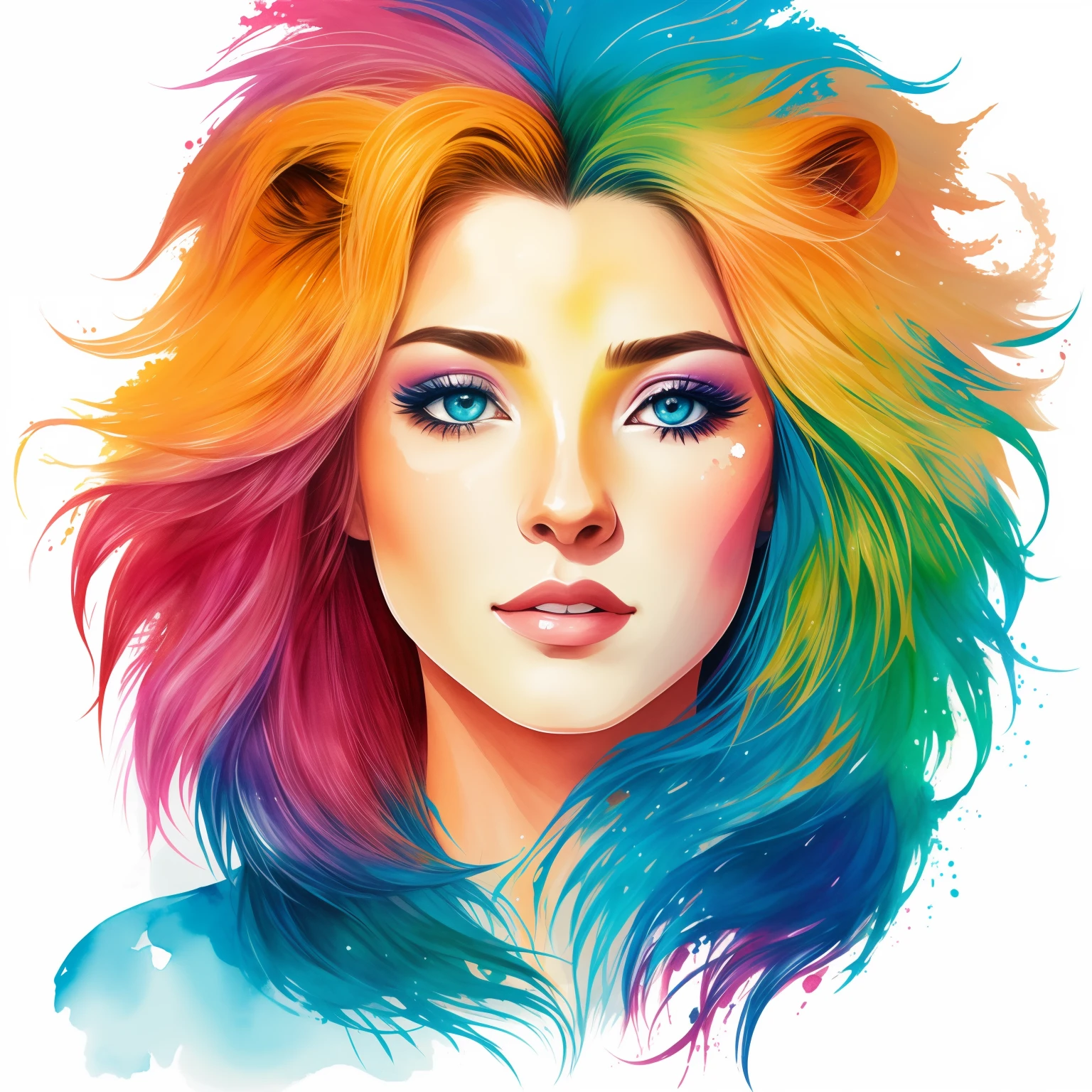 Close-up de uma mulher com cabelo colorido e maquiagem brilhante, Number art, pintado em aquarelas brilhantes, proud expression, Beleza do anime, extremamente colorido, colorful illustrations, Lion, half lion, , arte multicolorida da camiseta,Aquarelas,Aquarela delicada