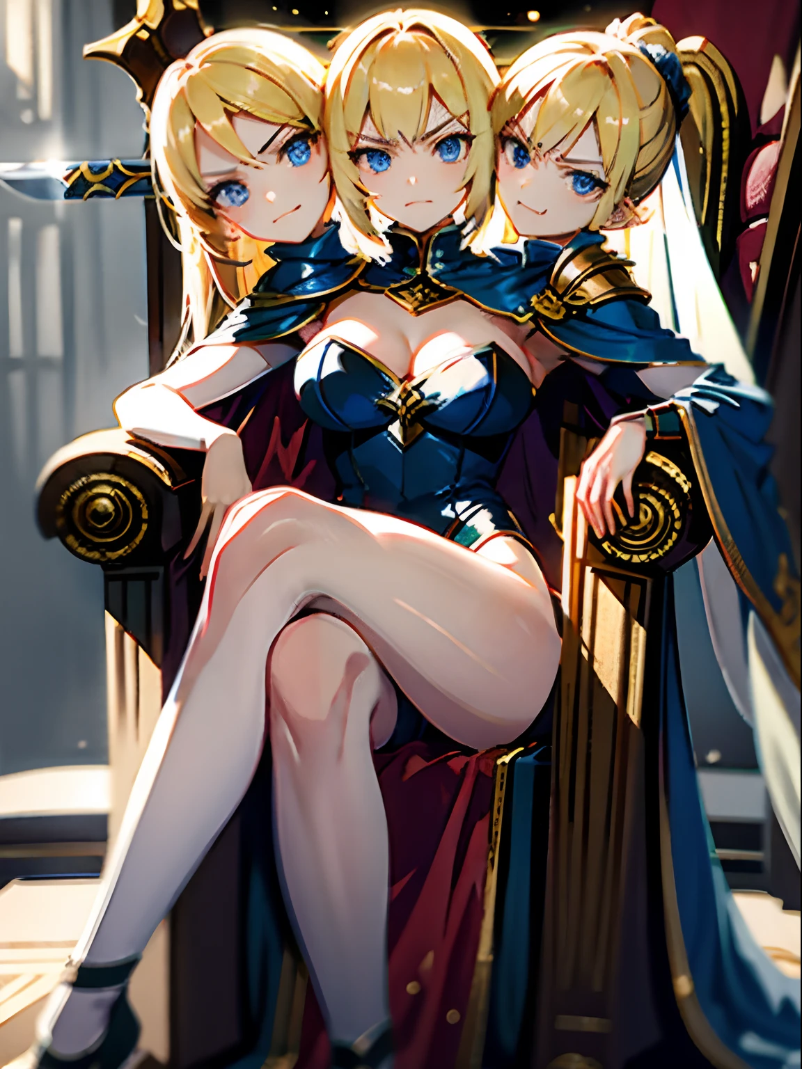 (masterpiece, best quality), best resolution, (3heads:1.5), dynamic angle, leotard, holding a sword, knight, armor, 1girl, angry, smug, blonde, blue eyes, cape, sitting on a throne, legs crossed