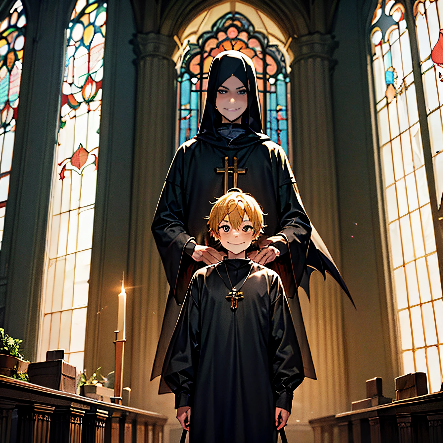 dark room , priest , cleric , young boy , black garb , cultist leader , dark crown , death cross, menacing smile , demon sword , angle statue in the back , church , dark cultist , god statue