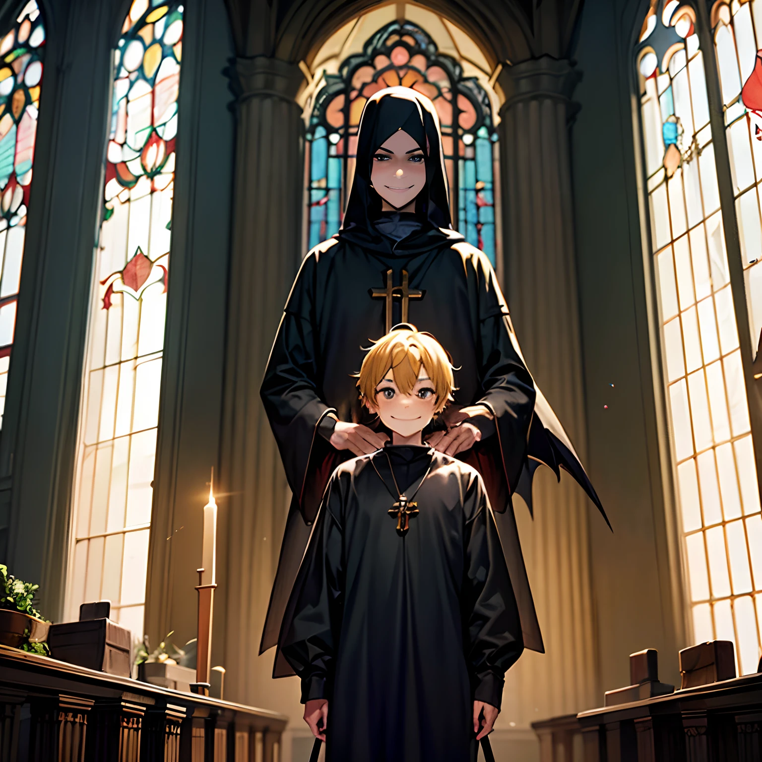 dark room , priest , cleric , young boy , black garb , cultist leader , dark crown , death cross, menacing smile , demon sword , angle statue in the back , church , dark cultist , god statue