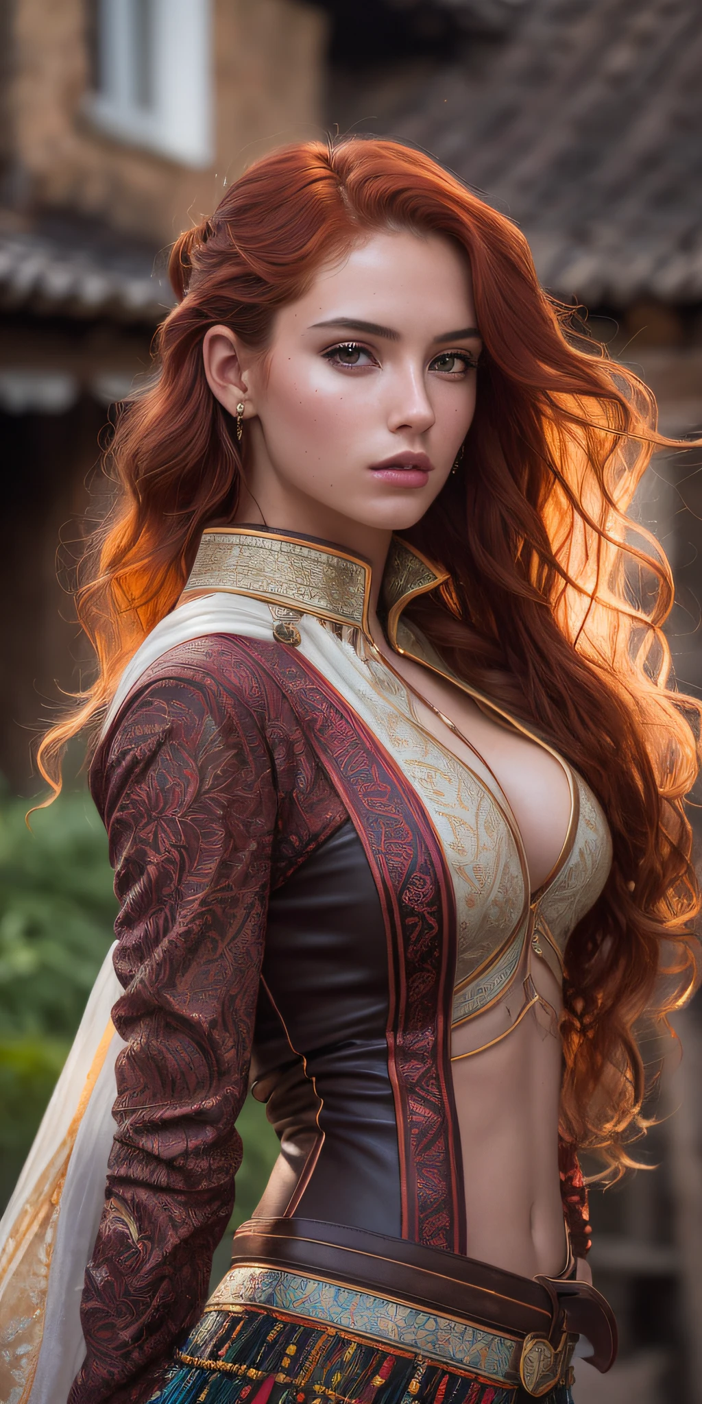 Photo of a 25-year-old European girl, RAW, a handsome female, (Very long wavy red hair), ((portraite of a)), ((detailized face:1.2)), ((detailed facial features)), (Finely detailed leather), pale skin, Tight-fitting Hasmat suit with a plunging neckline, Bodywear, Wednesday Village Morning, (Warm colors), humid, humid, reflections, (tmasterpiece) (perfect proportion)(foto realista)(beste-Qualit) (Detailed), shot on a Canon EOS R5,  50mm lens, F/2.8, HDR, (8k) (wallpapers) (电影灯光) (dramatic  lighting) (Sharp focus) (an intricate) sun glare, moda