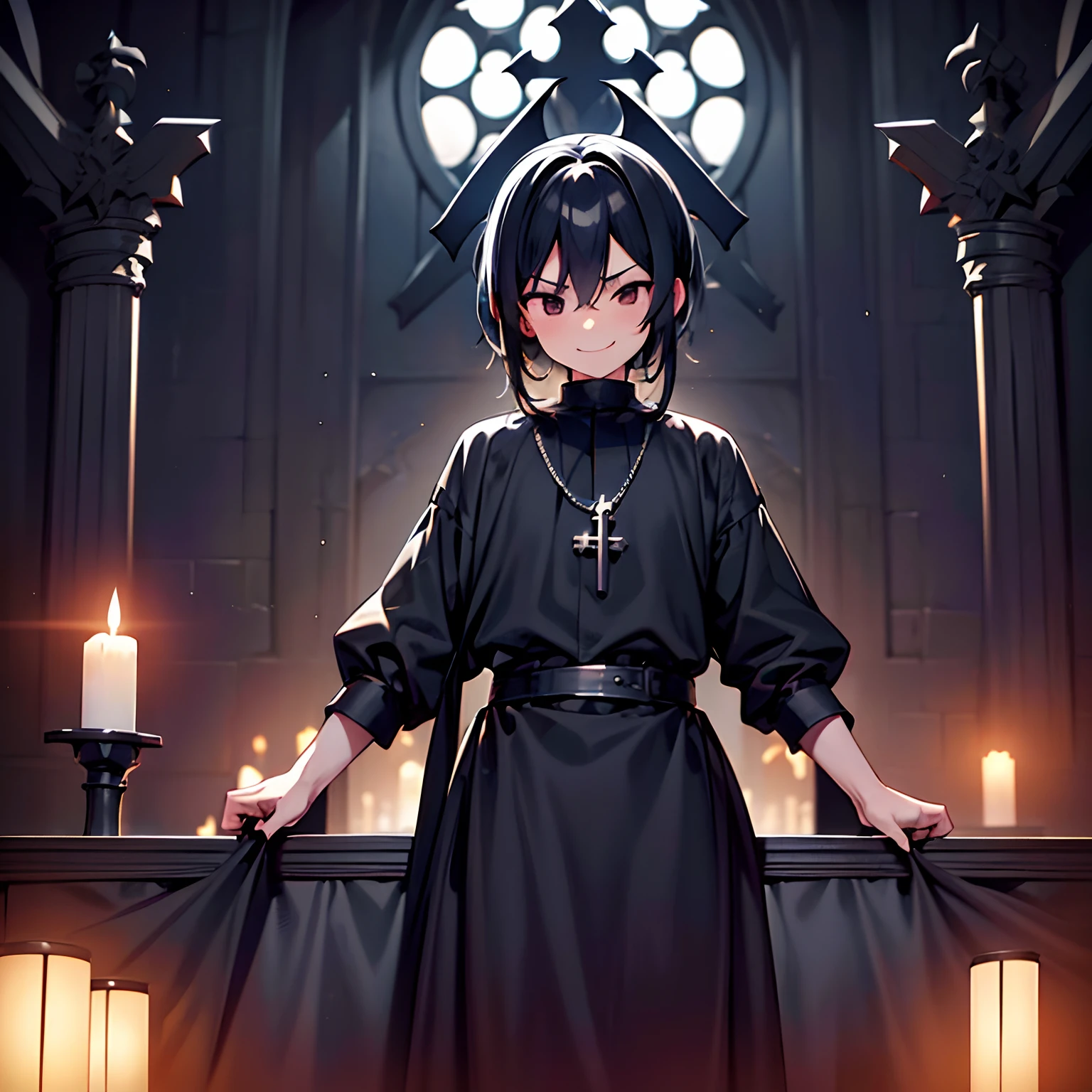 dark room , priest , cleric , young boy , black garb , cultist leader , dark crown , death cross, menacing smile , demon sword , angle statue in the back , church , dark cultist , god statue