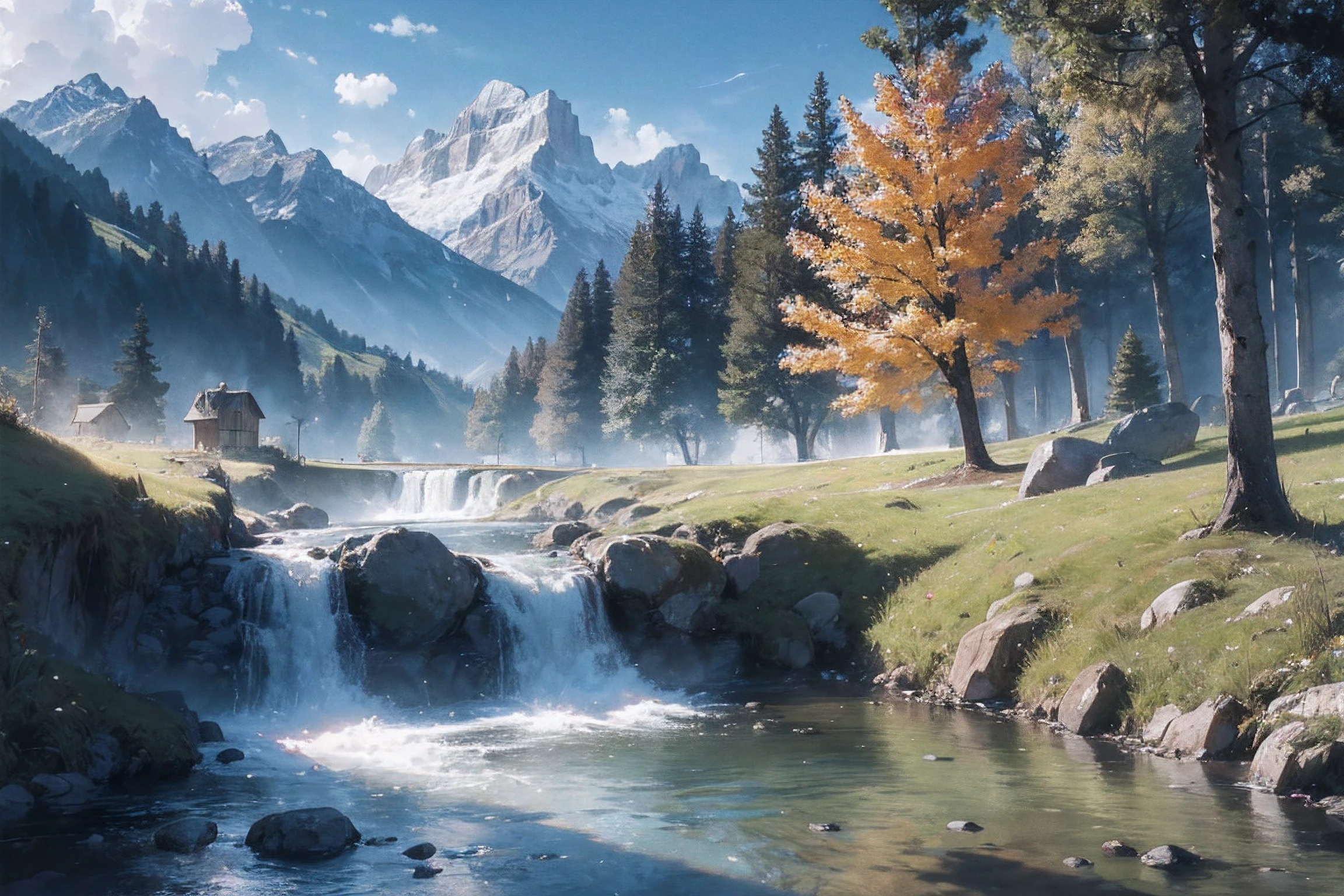 Best quality, Masterpiece, high resolution, Ultra HD, High detail, 16k, Nature views, bach, Mountains, A gently flowing stream, Clear, true, Octane rendering