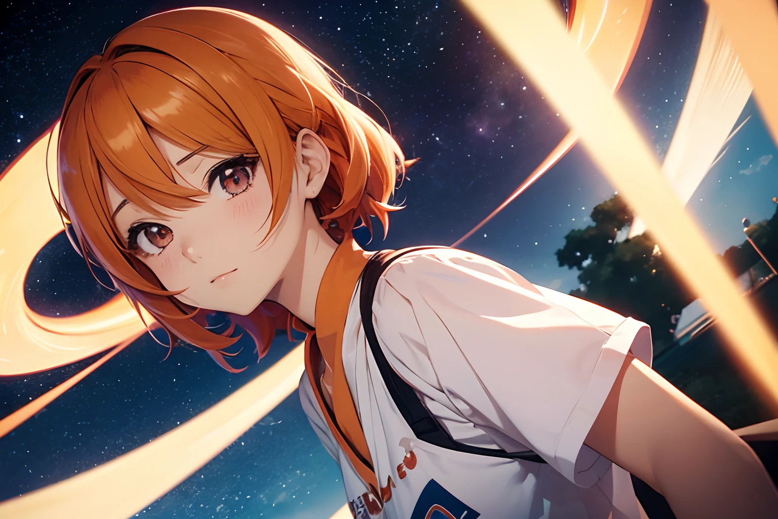 chica anime con cabello corto y naranja y ojos azules con una estrella en la cabeza, Ella tiene una linda cara expresiva, linda cara de anime, Cara de chica de anime extremadamente linda, Danbooru,Chica de anime llamada Lucy, booru, Shikamimi, en un anime, lindo anime, Anime visual de una chica linda, Moe,fondo estrellado,(cabello naranja),(cabello corto),