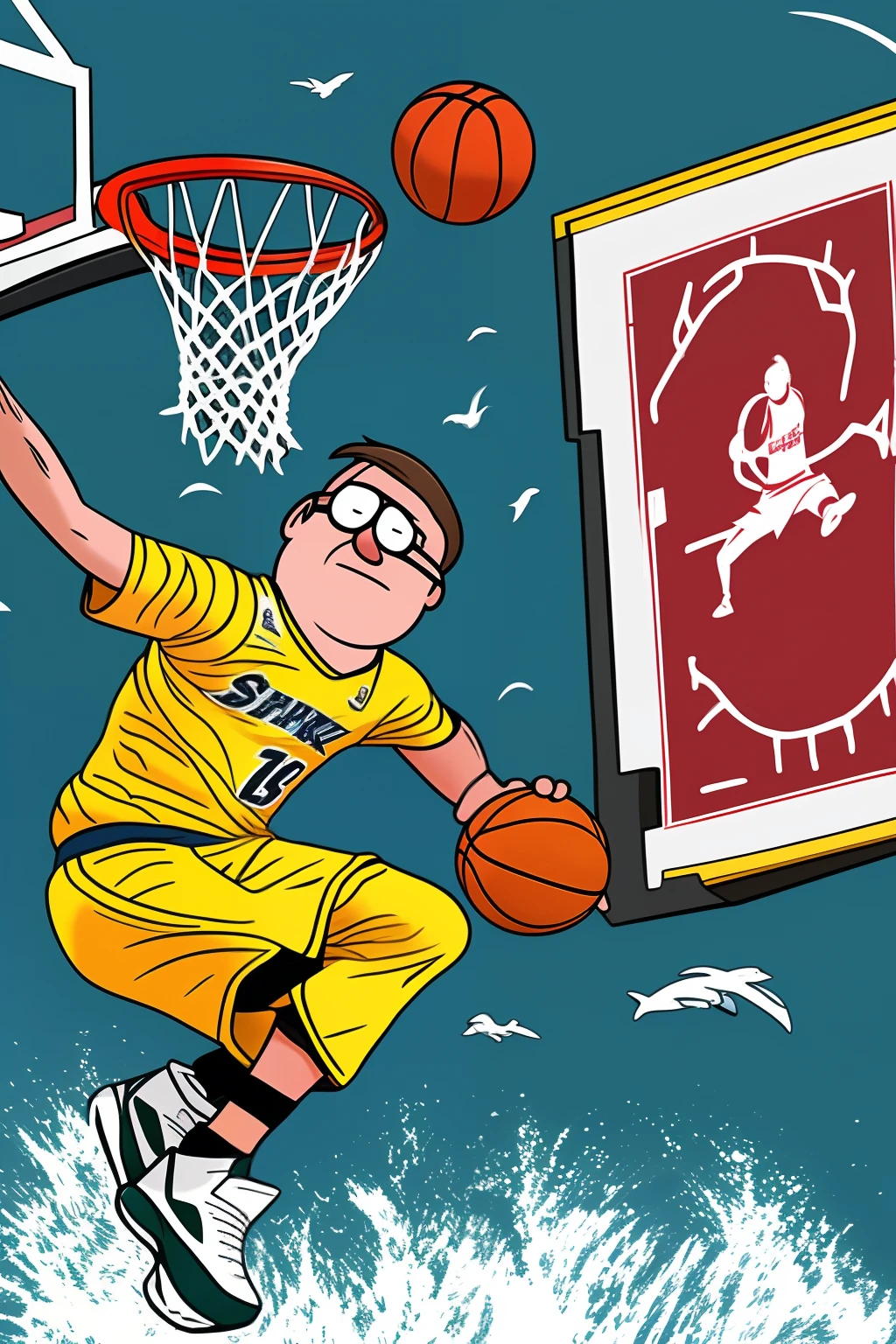 Peter Griffin, Dunking Basketball, Shark, Ocean, Fire