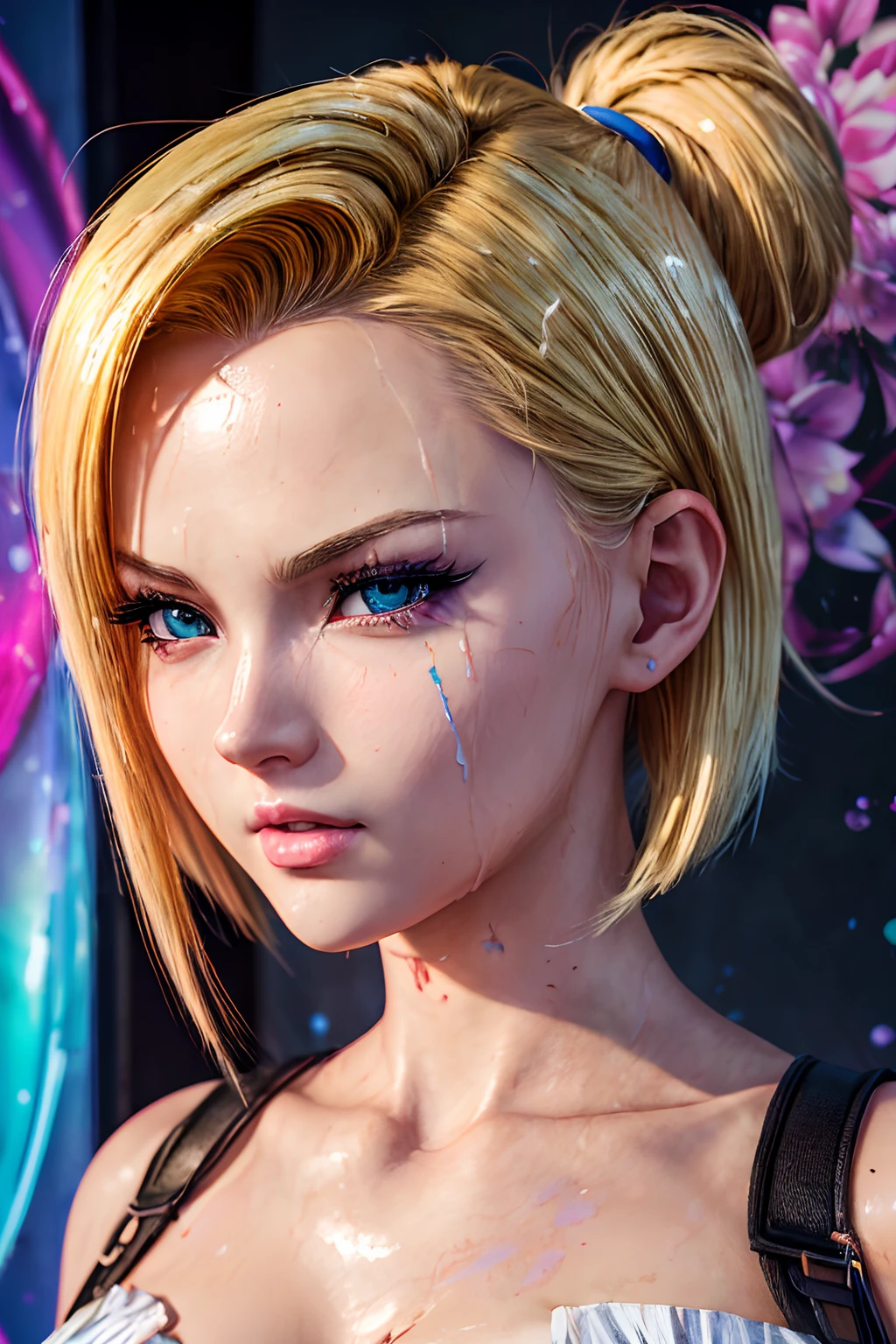masterpiece, best quality, (extremely detailed CG unity 8k wallpaper, masterpiece, best quality, ultra-detailed, best shadow), (detailed background), (beautiful detailed face, beautiful detailed eyes), High contrast, (best illumination, an extremely delicate and beautiful),1girl,((colourful paint splashes on transparent background, dulux,)), ((caustic)), dynamic angle,beautiful detailed glow,full body, paint splash on face. close up of a woman, anime girl with blonde short hair and blue jeans posing for a picture, realistic anime 3 d style, android 18, seductive anime girl, anime realism style, attractive anime girl, realistic shaded perfect body, realistic anime artstyle, perfectly shaded body, anime girl, realistic anime art style, beautiful alluring anime woman, looking like android 18,