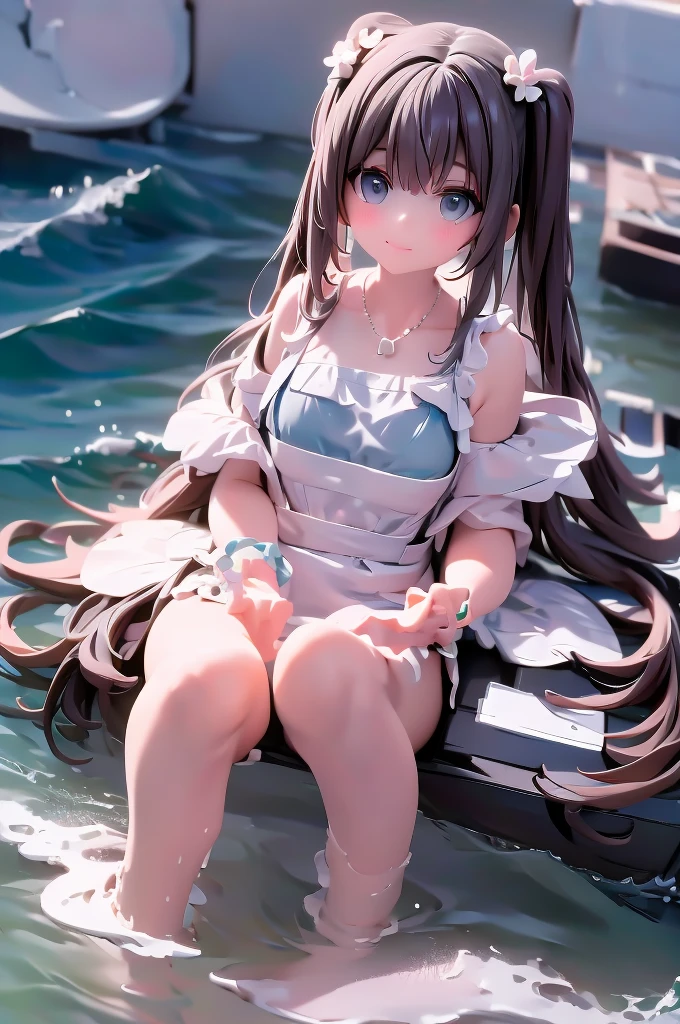 masterpiece, best quality, 1girl, ocean, day, clouds, wading, official alternate costume, low twintails, hair ornament, hair flower, necklace, bracelet, green ribbon, swimsuit, white dress, bare shoulders, off-shoulder dress, frills, frilled dress,