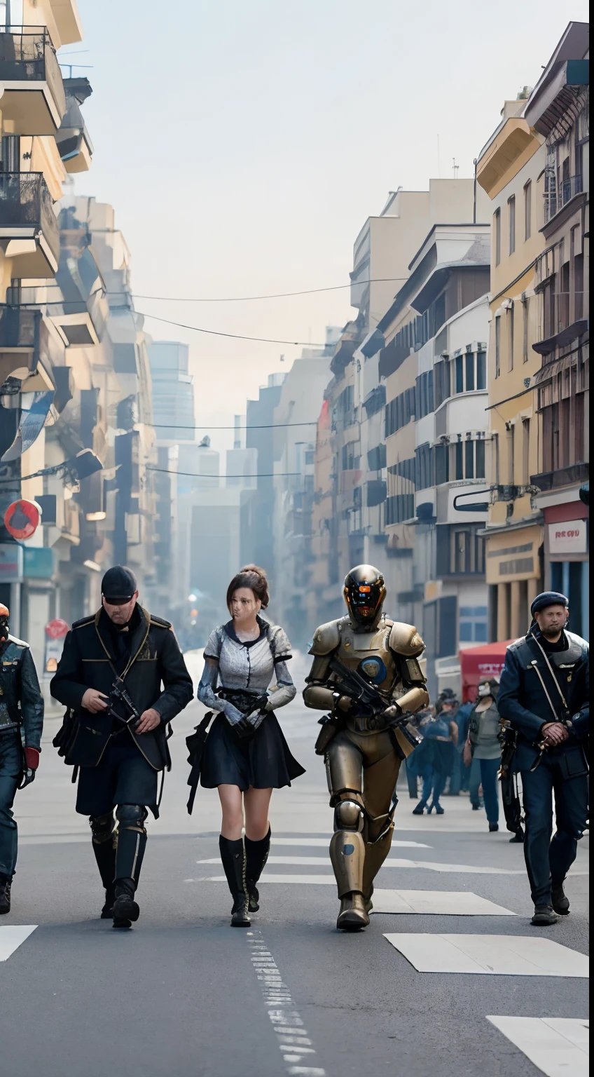 This photo shows many robots walking down the street, eve ventrue, cinematic Film still from, smogpunk, Army of robots, trending on 500px, inspired by Mirabello Cavalori, Steampunk motorcycles, trending on artstration, author：Ryan Barger, widescreen shot, Inspired by Tadeusz Pruszkuvsky