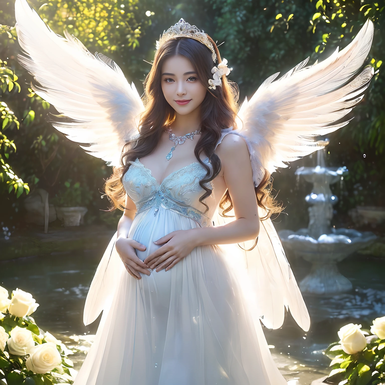 (((masutepiece、top-quality、Highly complex and detailed depictions)))、((Very beautiful angel queen、Maternal smile,mothers,Smile、Perfect gas chamber、Photograph her from up close、Perfect 2 Wing、white roses、A large amount of white roses、Beautiful white roses、Light blue sparkling water、The most beautiful gardens in the world、The most complex and fantastic gardens in the world、Light blue sparkling water、Water glowing in light blue、Beautiful smile,、A detailed face、Perfectly depict the face、Walk along the cobblestones、Walking in the garden、Hair swaying in the wind、Take photos up close、Pregnancy、A dress that tightens the waist、Take a photo above the thigh、Final Form as Perfect Angel, ,Huge and realistic angel wings,The most dignified feathers,The most detailed and intricate angel wings、King of Angels,The most dignified angel,Shimmering white feathers、Plumage gives off a transparent shine、Graceful and classy pose、Filled with Divine Light、The brilliance of a fairy tale、Fairytale Garden、Garden with white flowers、Walking in the garden、Flowers, Fountains and cobblestone gardens、Blue Fountain、Emerald Blue Fountain、Sparkling Spring Water、Walking in the garden、Beautiful cobblestones、white blossoms,、Beautiful temple gardens、There is a spring surrounded by cobblestones、Beautiful and sparkling fountain、Sacred Well、crystal-clear water、It is full of white flowers、white blossoms、Her feathers shine like a fairy tale、Glowing feathers、Beautiful temple gardens、Fairytale Garden、Walking in the garden、Angels bathed in the sacred soft light、spectacular movie lighting、The most classy white dresses、Very noble、refinement、top grade、The brilliance of a fairy tale、Wings shining in a fairy tale、The most massive pure white princess dress, The finest necklaces,artistic décor,Intricate and solemn dress of an angelic masterpiece,White decorative dress,Huge Princess Dresses,The most majestic figure of the angel,The most intricately depicted angelic figures,Feathers that shine like a fairy tale、The plumage gives off a snow-white shine、The plumage gives off a translucent fairytale glow、Unimaginable beauty,The most intricate and beautiful dresses,Accurate reproduction of the perfect angelic detail,The figure of an unimaginably beautiful angel)),((Most beautiful face,Half Japan and half Spanish,Maternal tenderness、Maternal smile,Beautiful wavy hair,The most luxurious and intricate dresses,stares at the camera、Giant wings of angels,masutepiece,8K,very intricate,ultra-detailliert))