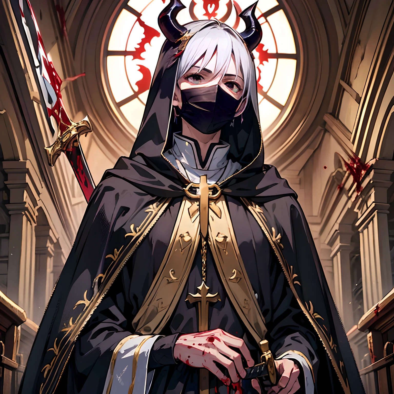 dark room , priest , cleric , young boy ,  royal garment , cultist leader , dark crown , death cross, wear mask , demon sword , angle statue in the back , church , dark cultist , demon head , blood splatter