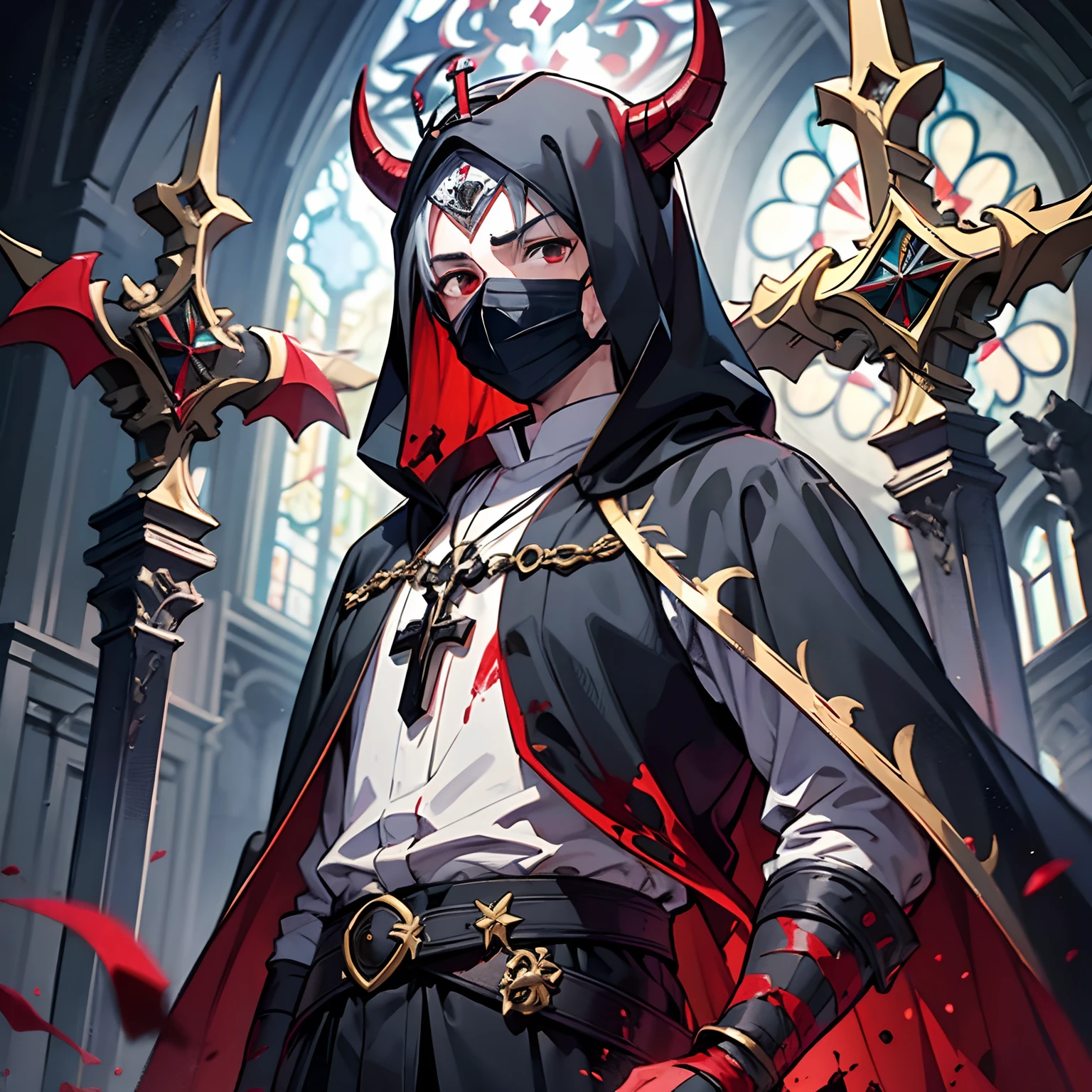 dark room , priest , cleric , young boy ,  royal garment , cultist leader , dark crown , death cross, wear mask , demon sword , angle statue in the back , church , dark cultist , demon head , blood splatter