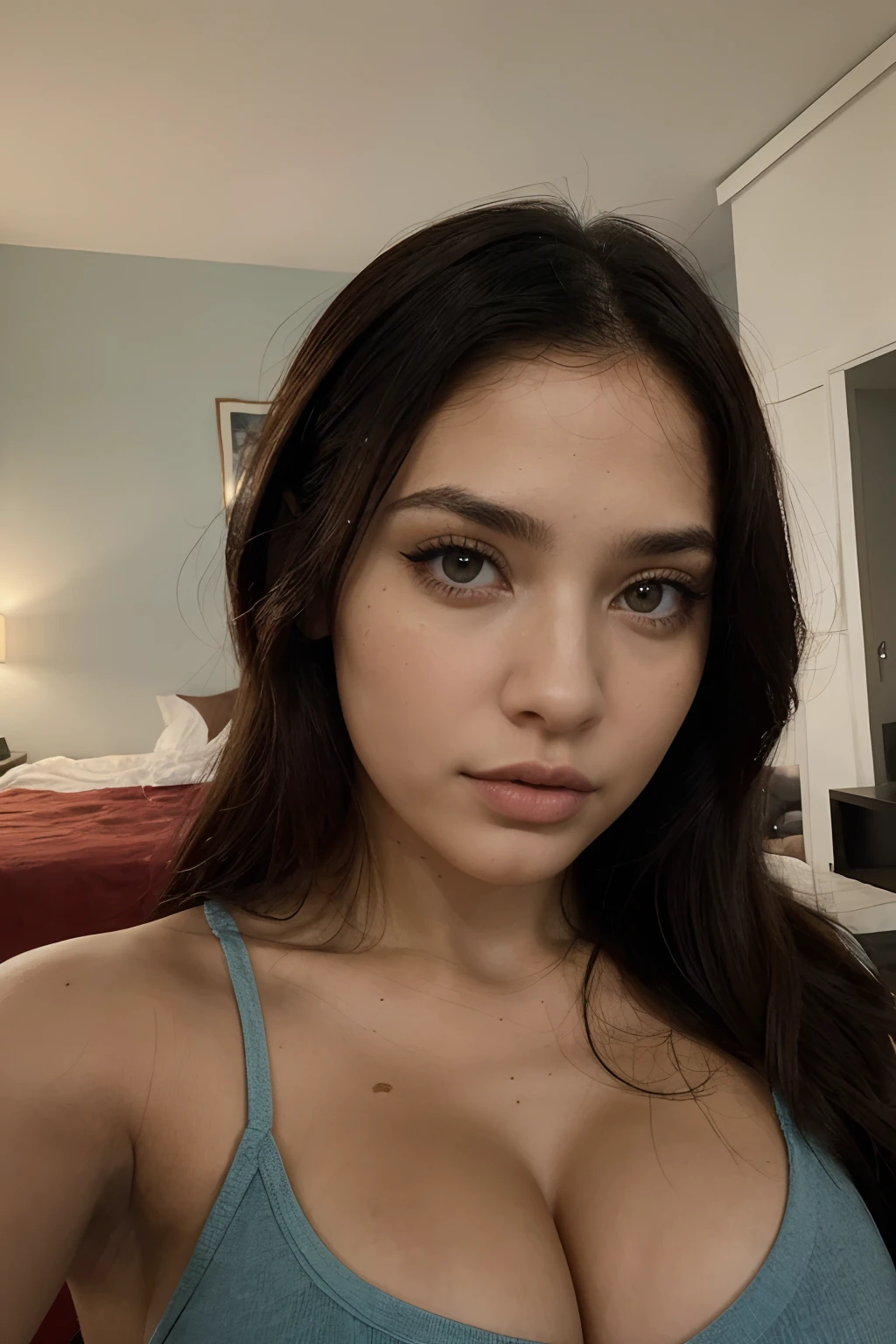 Mujer Alfad completa , Chica sexy con ojos azules, Realismo ultrarrealista, meticuloso detallado, Retrato Sophie Mudd, cabello rubio y ojos grandes, selfie de una mujer joven, Camera eye, Violeta Myers, Sin maquillaje, Maquillaje natural, staring directly into camera, cara con artgram, maquillaje sutil, Buena foto de arrodillados sobre la cama, Living in the room, Busto mediano a grande