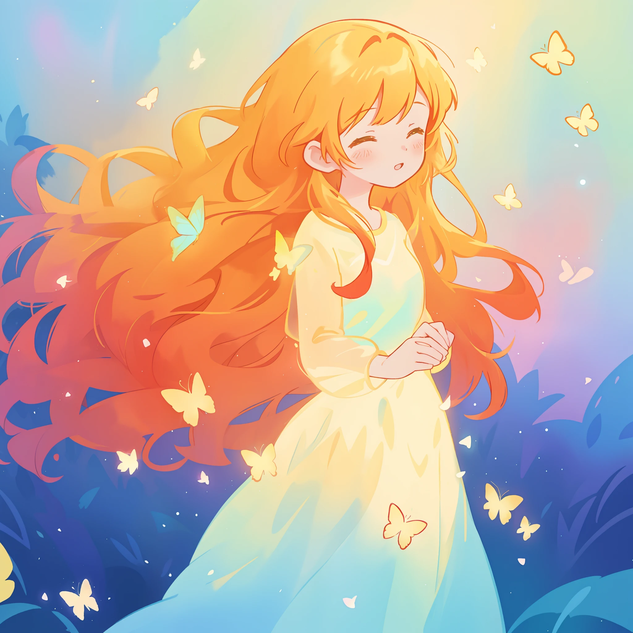 beautiful girl in flowing puffy gradient gold to aqua ballgown, ((glowing yellow butterflies)), long sparkling red hair, fantasia background, watercolor illustration, inspired by Glen Keane, inspired by Lois van Baarle, disney art style, by Lois van Baarle, glowing aura around her, by Glen Keane, jen bartel, glowing lights! digital painting, flowing glowing hair, glowing flowing hair, beautiful digital illustration, fantasia otherworldly landscape plants flowers, beautiful, masterpiece, best quality, anime disney style