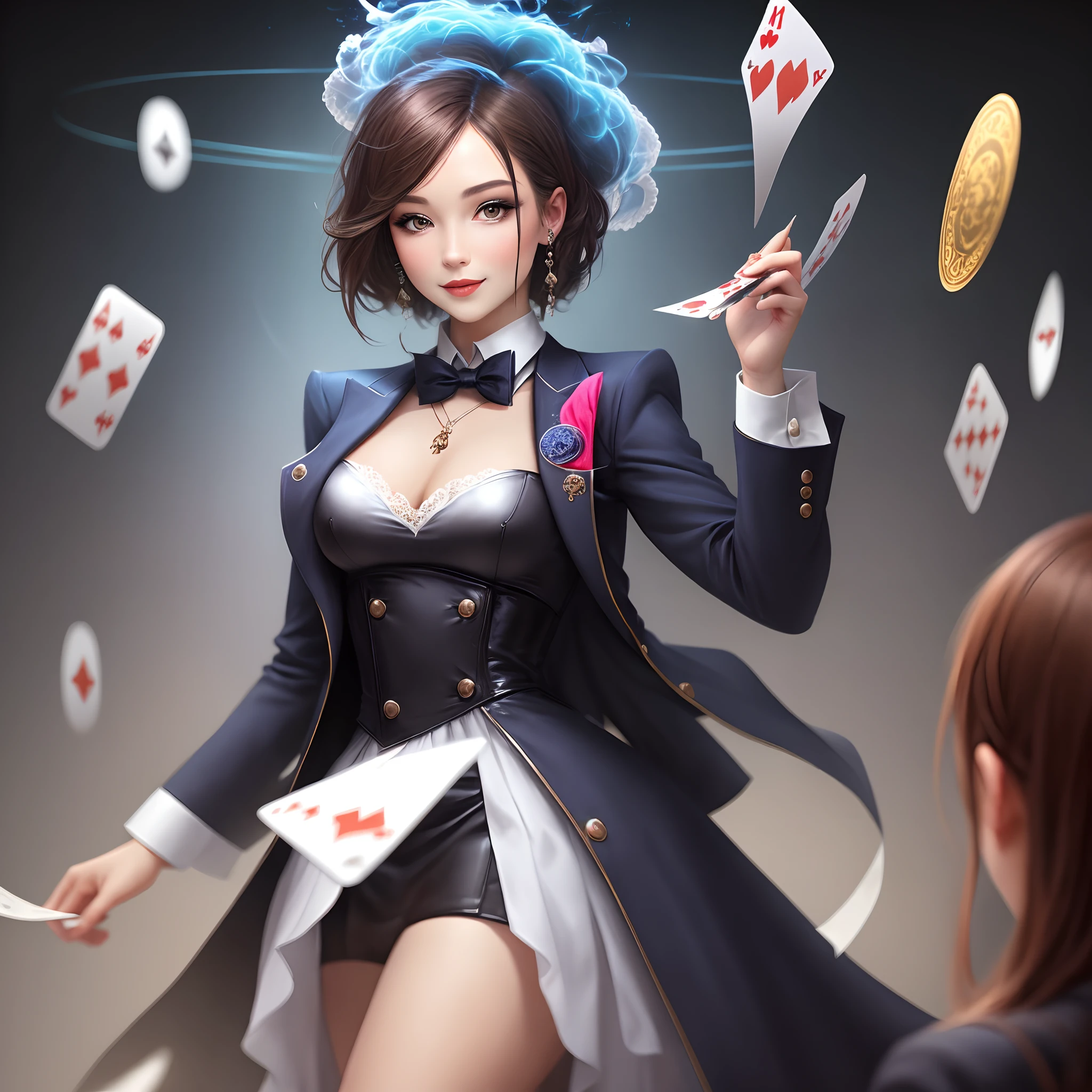 Wide shot ,2 asian woman with short straight black hair ,playing cards, light effect, lighting is
smooth,  3D animation , background townpark