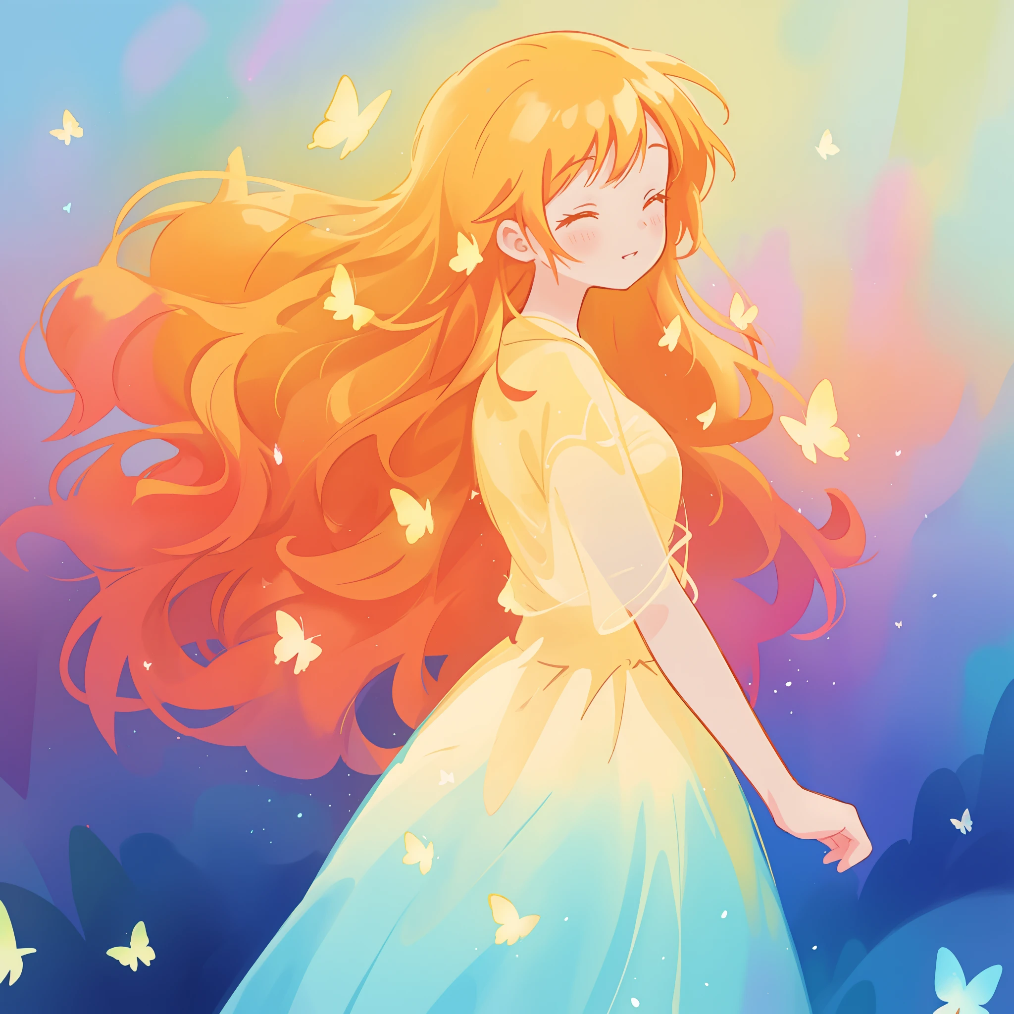 beautiful girl in flowing puffy gradient gold to aqua ballgown, ((glowing yellow butterflies)), long sparkling red hair, fantasia background, watercolor illustration, inspired by Glen Keane, inspired by Lois van Baarle, disney art style, by Lois van Baarle, glowing aura around her, by Glen Keane, jen bartel, glowing lights! digital painting, flowing glowing hair, glowing flowing hair, beautiful digital illustration, fantasia otherworldly landscape plants flowers, beautiful, masterpiece, best quality, anime disney style