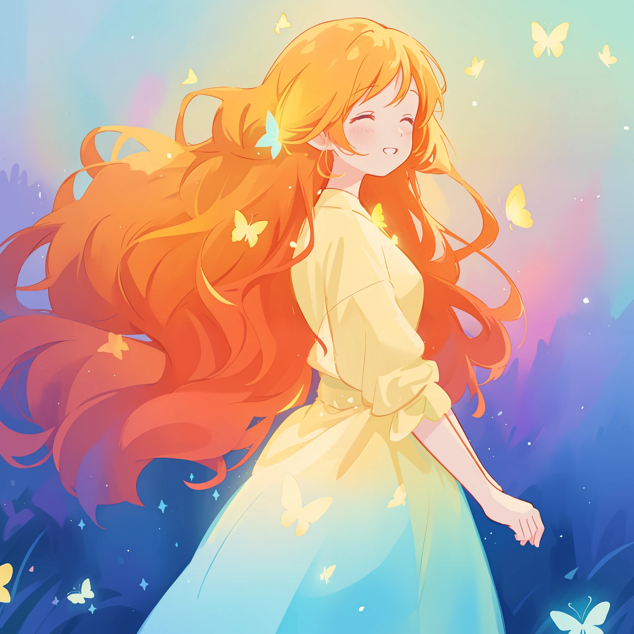 beautiful girl in flowing puffy gradient gold to aqua ballgown, ((glowing yellow butterflies)), long sparkling red hair, fantasia background, watercolor illustration, inspired by Glen Keane, inspired by Lois van Baarle, disney art style, by Lois van Baarle, glowing aura around her, by Glen Keane, jen bartel, glowing lights! digital painting, flowing glowing hair, glowing flowing hair, beautiful digital illustration, fantasia otherworldly landscape plants flowers, beautiful, masterpiece, best quality, anime disney style