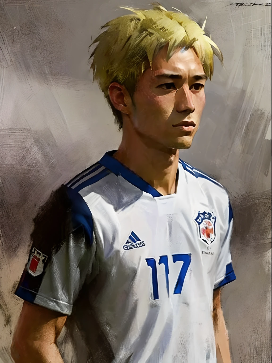Homem Soccer Player face, style greg rutkowski realist, style anime, Japanese , Ferran Torres, cabelo platinado