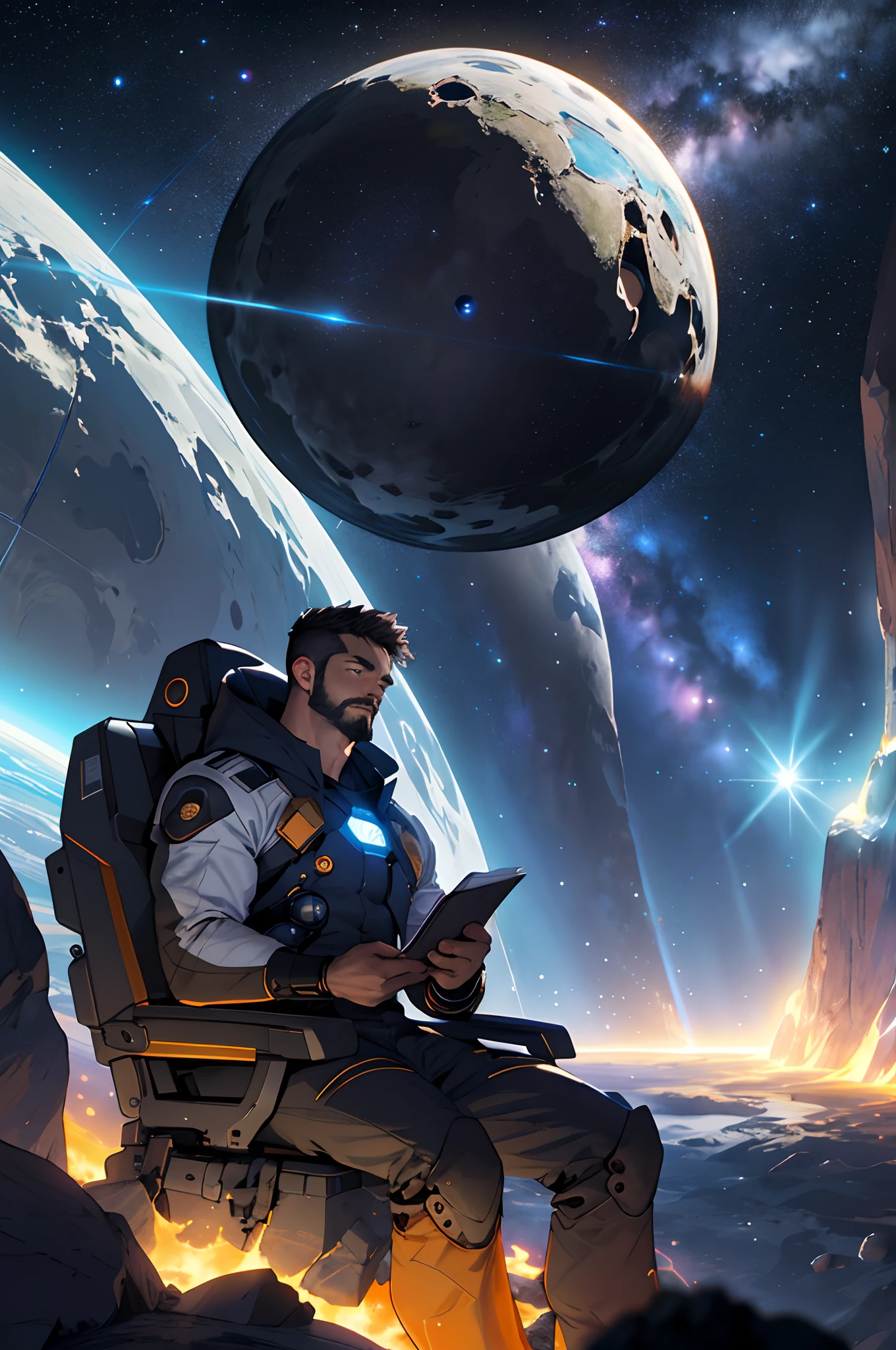 Photo of a young man, sitting on a research platform floating in the middle of an asteroid belt. He is studying with a notebook, surrounded by several asteroids glowing with fiery auras. Dramatic lighting from distant stars and planets illuminates the scene, casting deep shadows on the suit. The young man looks confident and determined, looking at the vast and mysterious universe with wonder and respect,facial hair, cowboy shot,