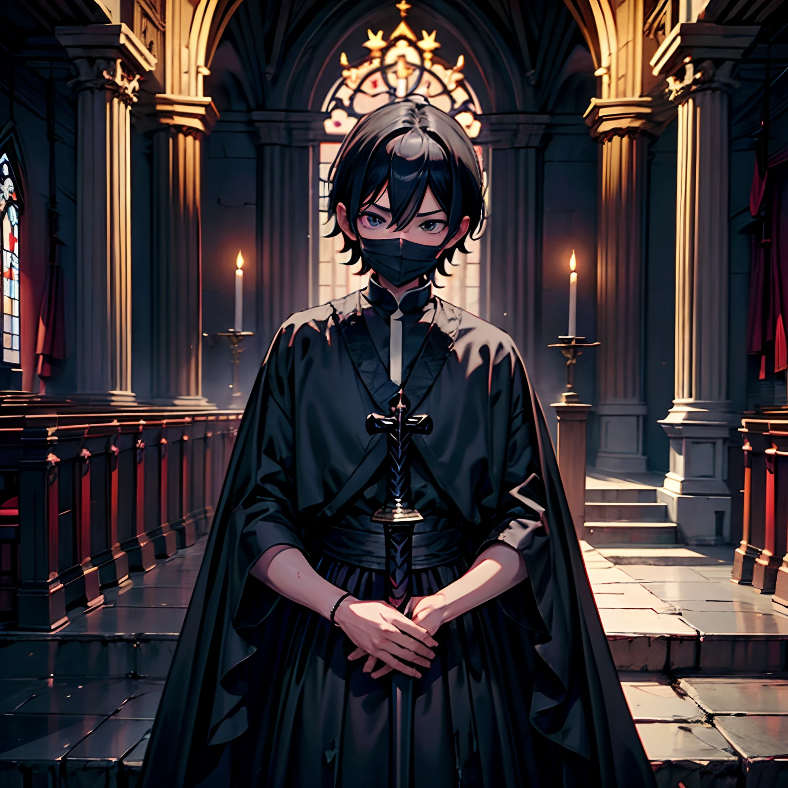 dark room , priest , cleric , young boy ,  royal garment , cultist leader , dark crown , death cross, wear mask , demon sword , angle statue in the back , church , dark cultist , demon head , blood splatter